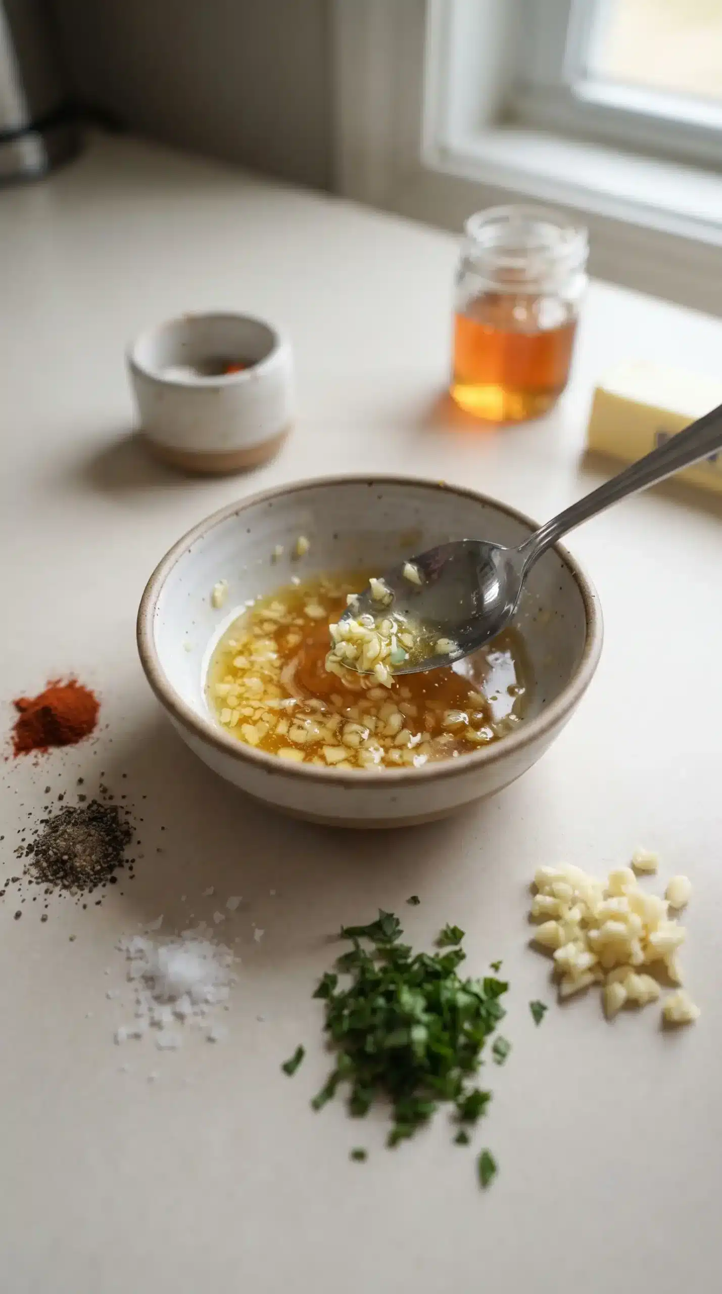 Bowl of honey garlic butter glaze ingredients being mixed for salmon