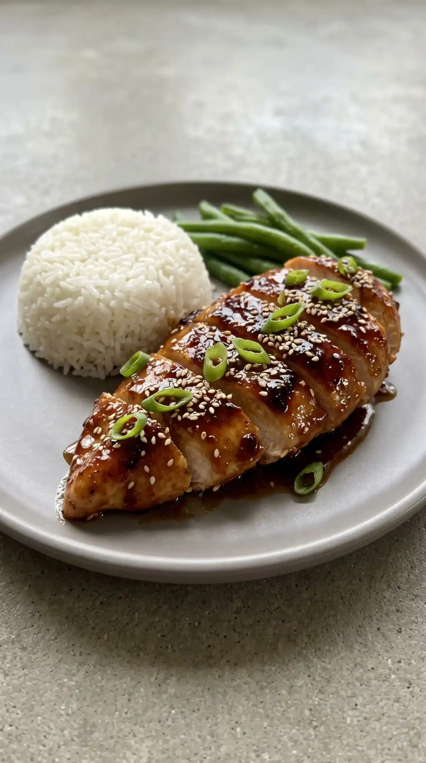 Honey garlic chicken breasts served with rice, vegetables, sesame seeds, and green onions