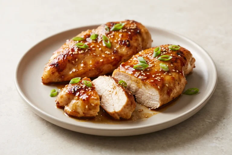 Honey garlic chicken breasts coated in a glossy honey garlic glaze on a plate