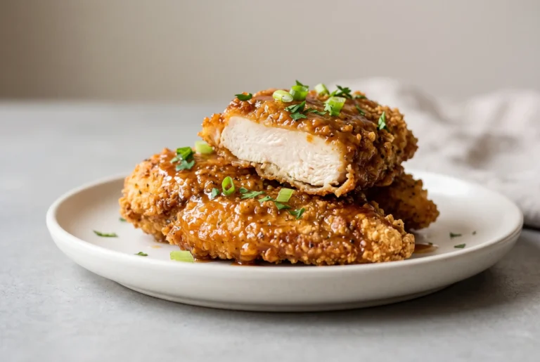 Honey garlic chicken breasts with crispy coating and glossy honey garlic sauce on a plate