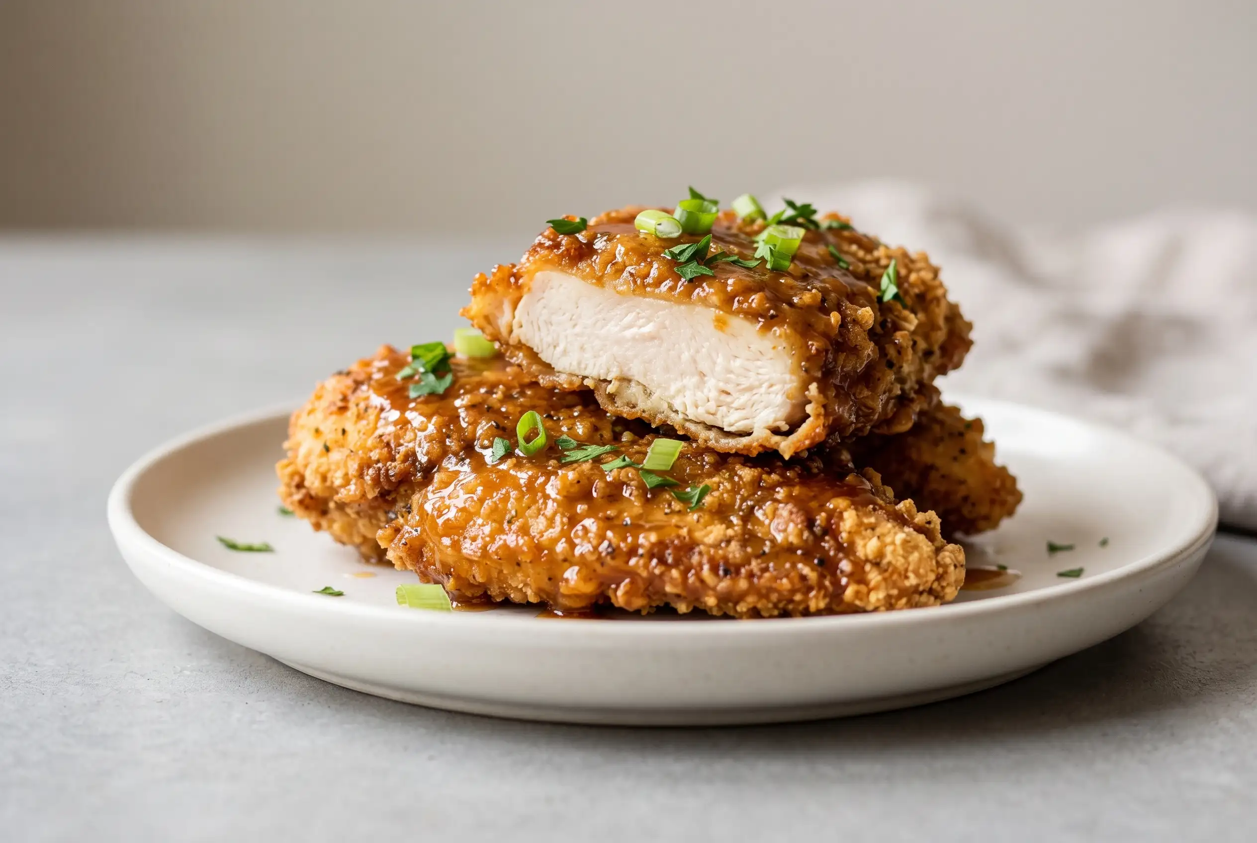 Honey garlic chicken breasts with crispy coating and glossy honey garlic sauce on a plate