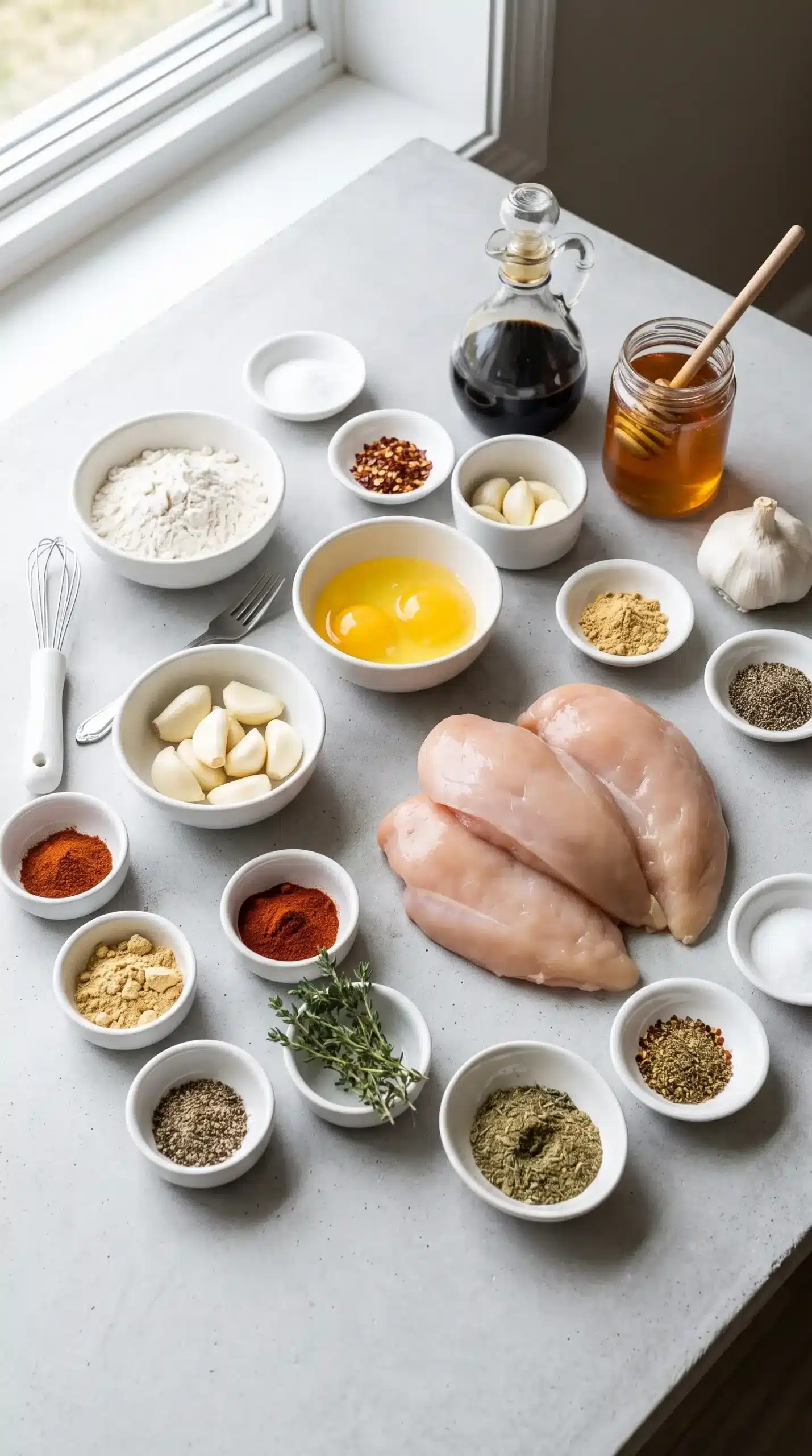 Ingredients for honey garlic chicken breasts including chicken, flour, eggs, garlic, honey, and spices