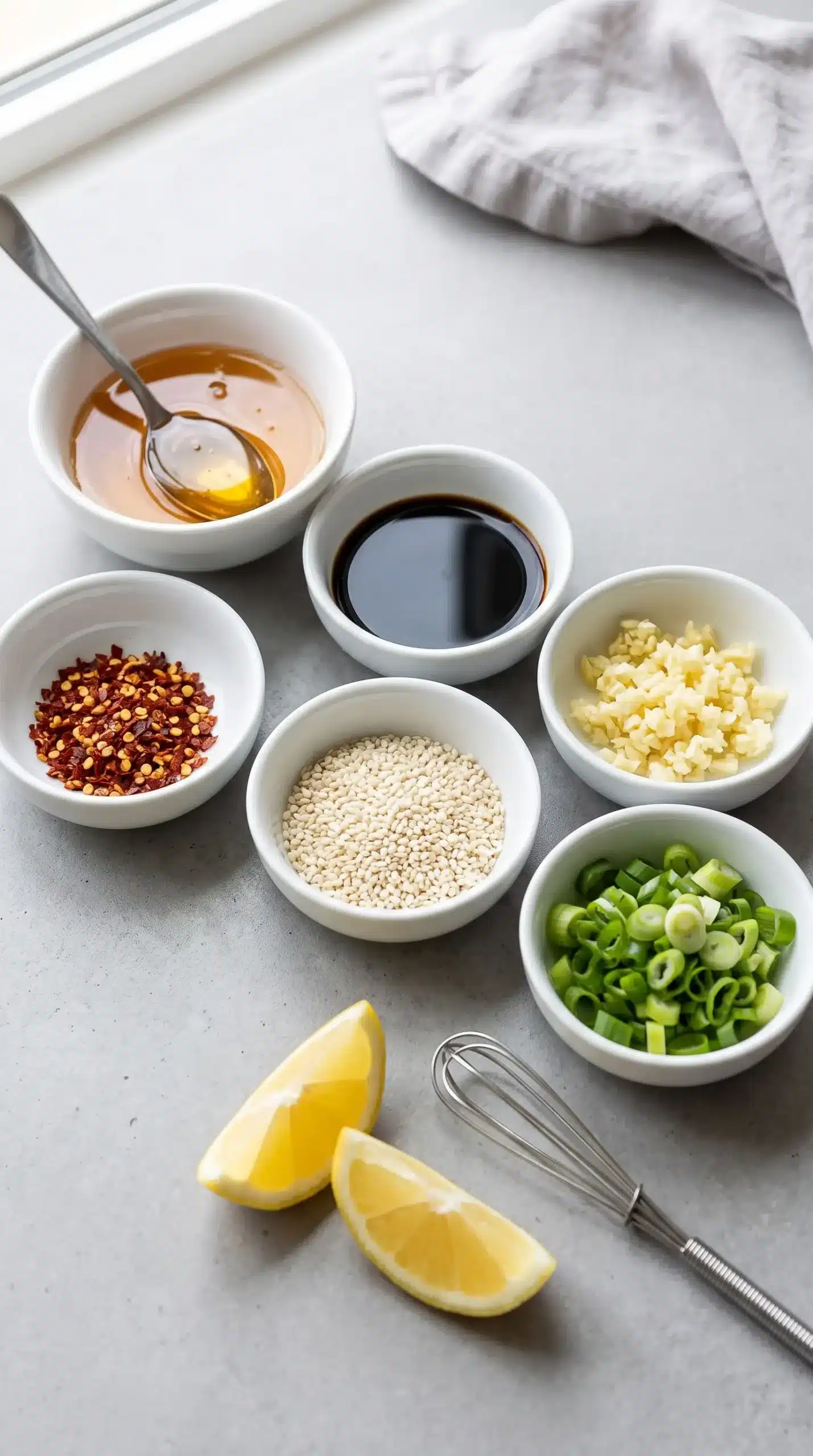 Honey garlic glaze ingredients with honey, soy sauce, garlic, and seasonings in bowls