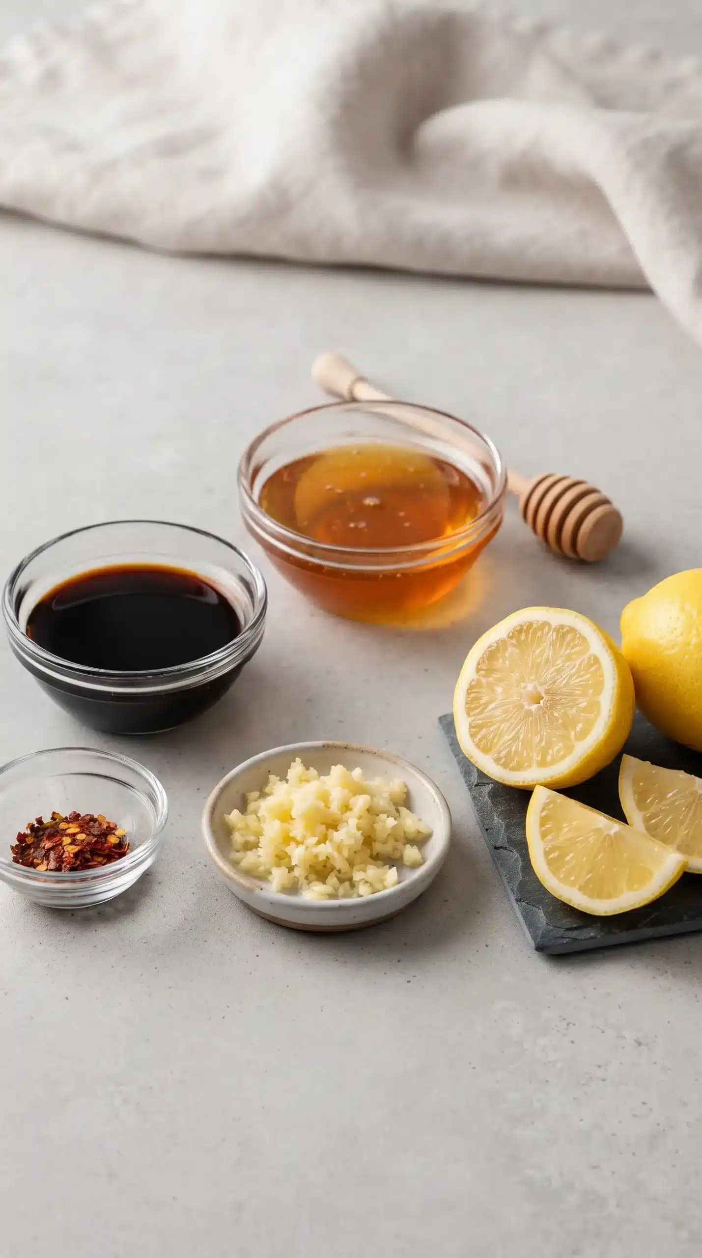 Honey, soy sauce, garlic, lemon, and red pepper flakes for the salmon glaze