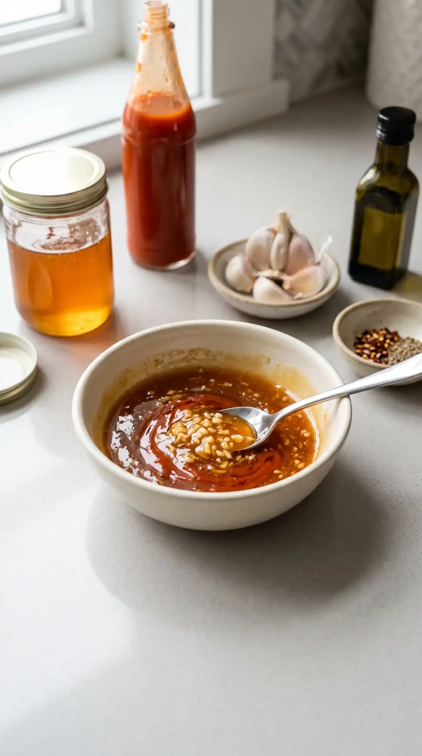 Honey garlic glaze with honey, hot sauce, and minced garlic in a bowl