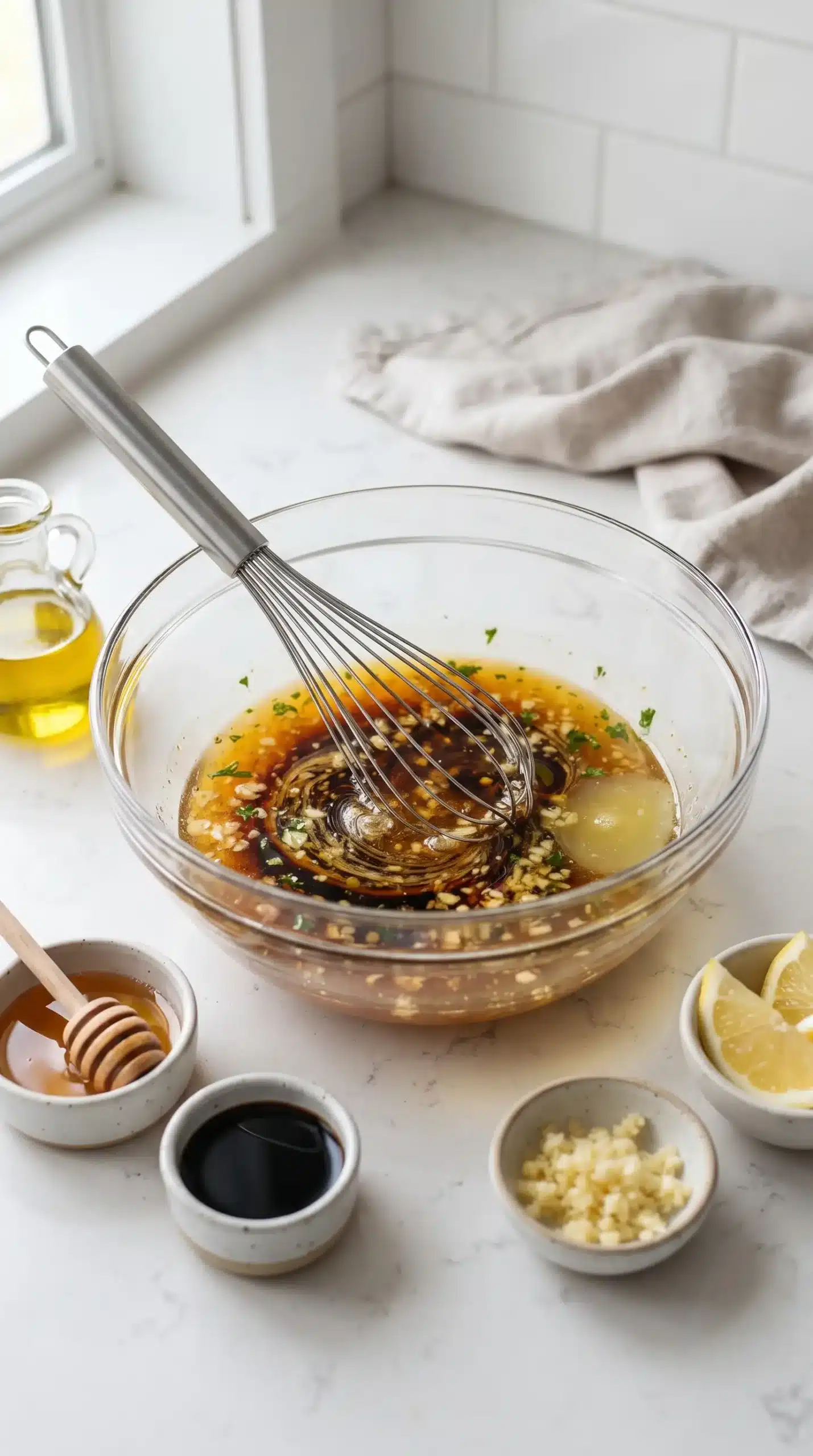 Honey garlic glaze ingredients whisked together in a bowl for salmon