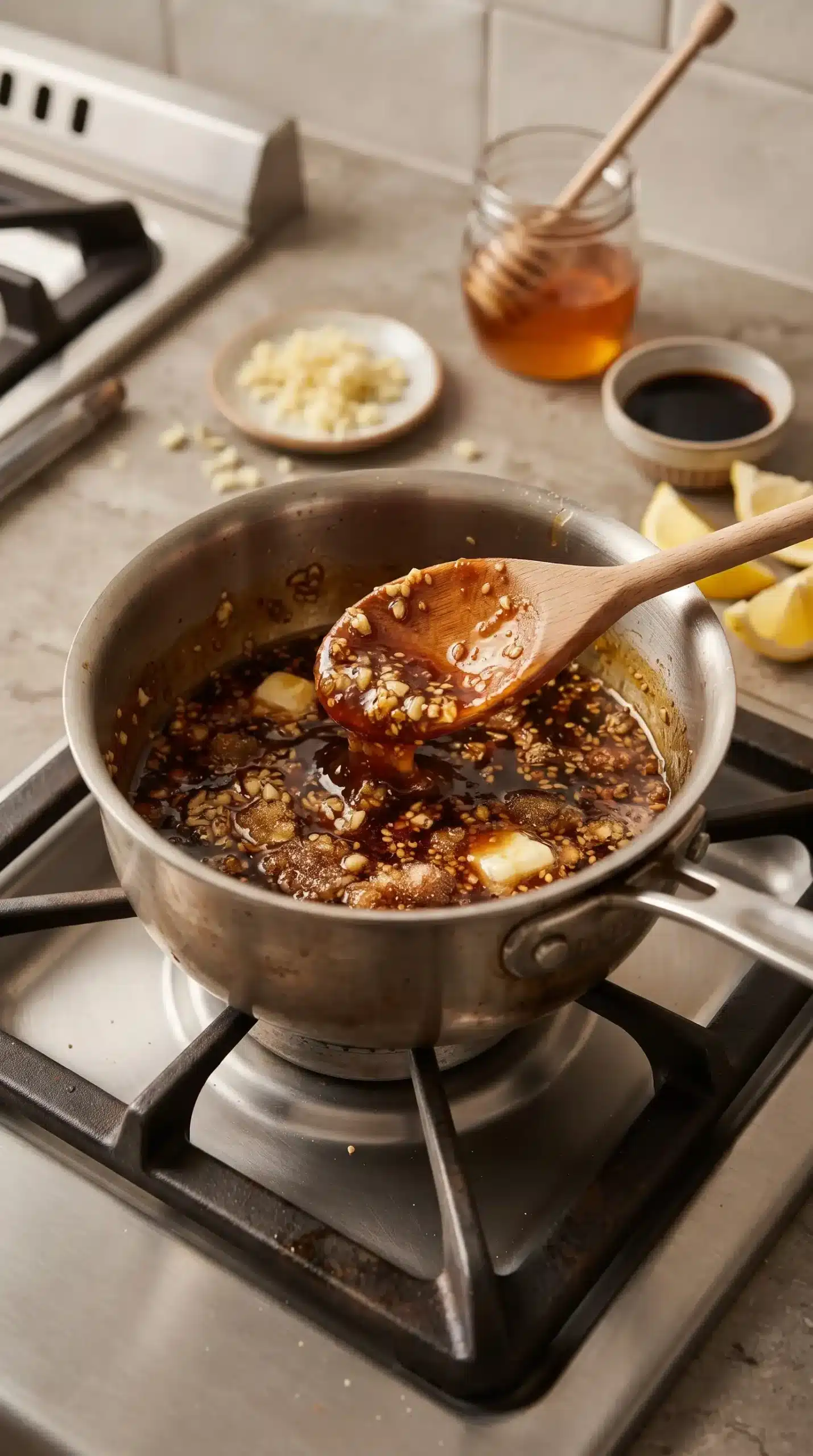 Honey garlic glaze simmering in a saucepan with garlic, honey, and lemon ingredients