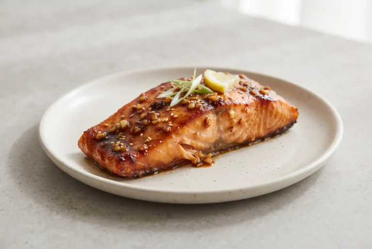 Honey garlic glazed salmon fillet with glossy amber sauce and flaky texture on a ceramic plate