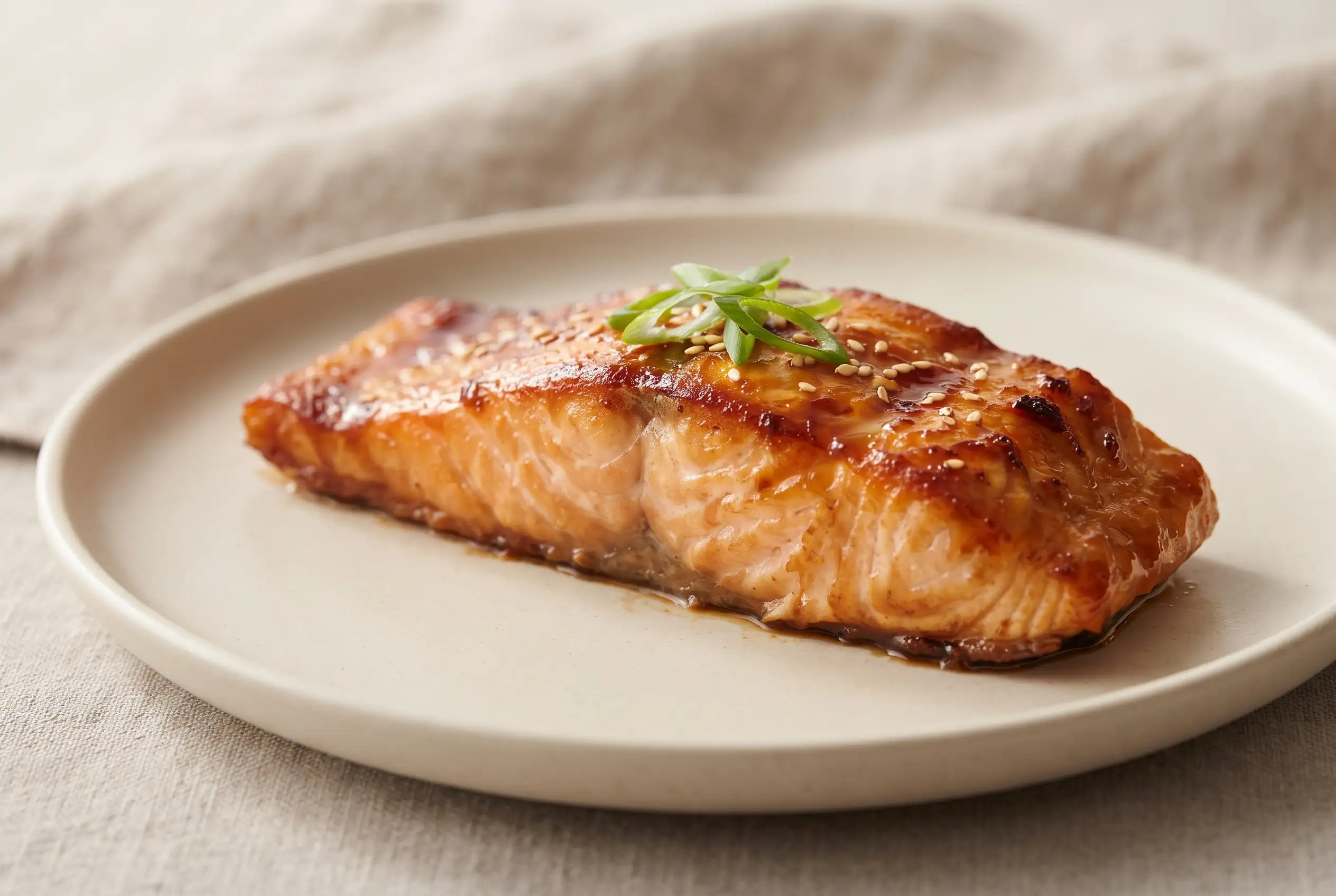 Honey garlic glazed salmon fillet with a glossy sauce and golden seared crust on a plate