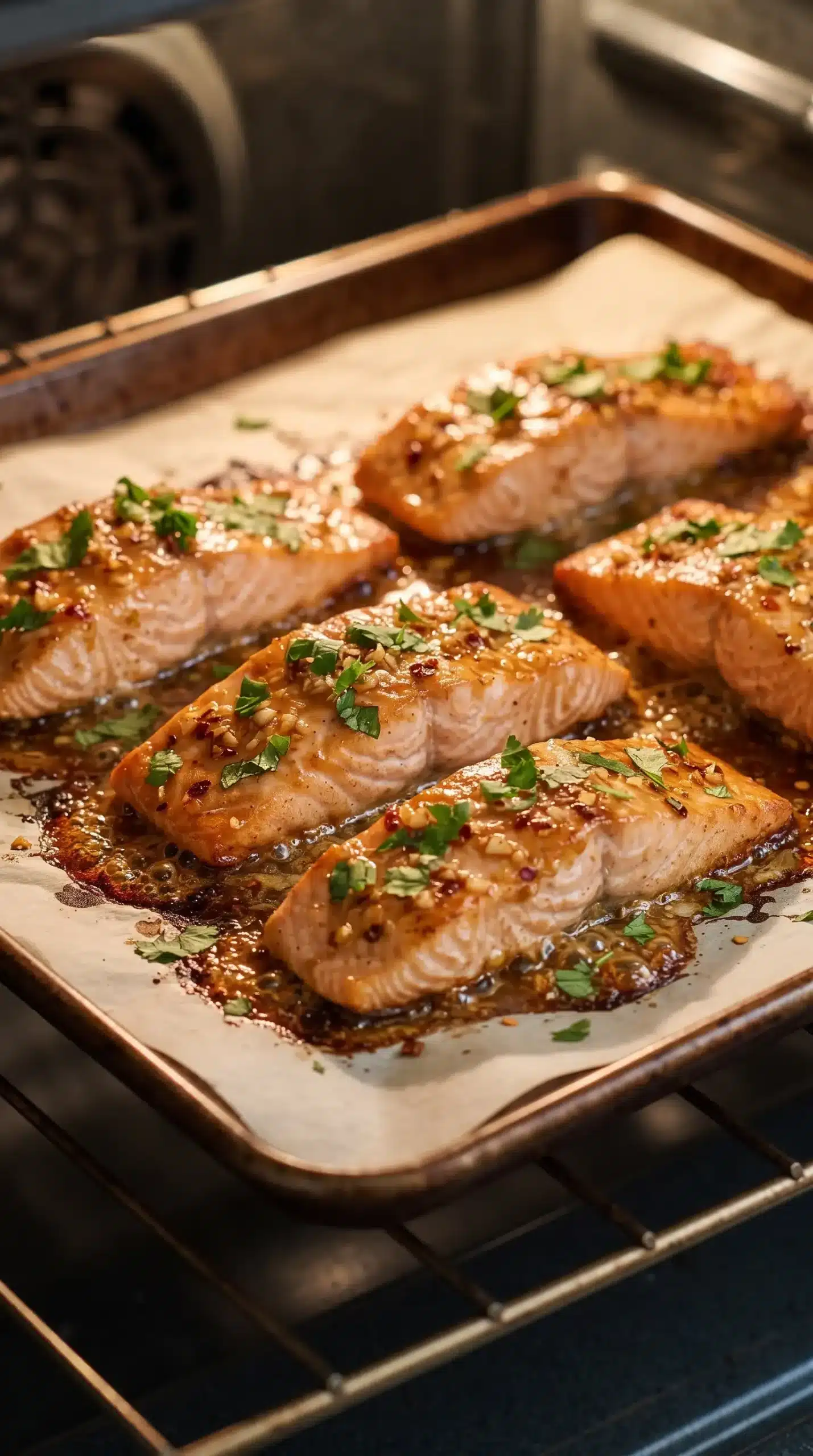 Glazed salmon fillets on a parchment-lined baking sheet before serving