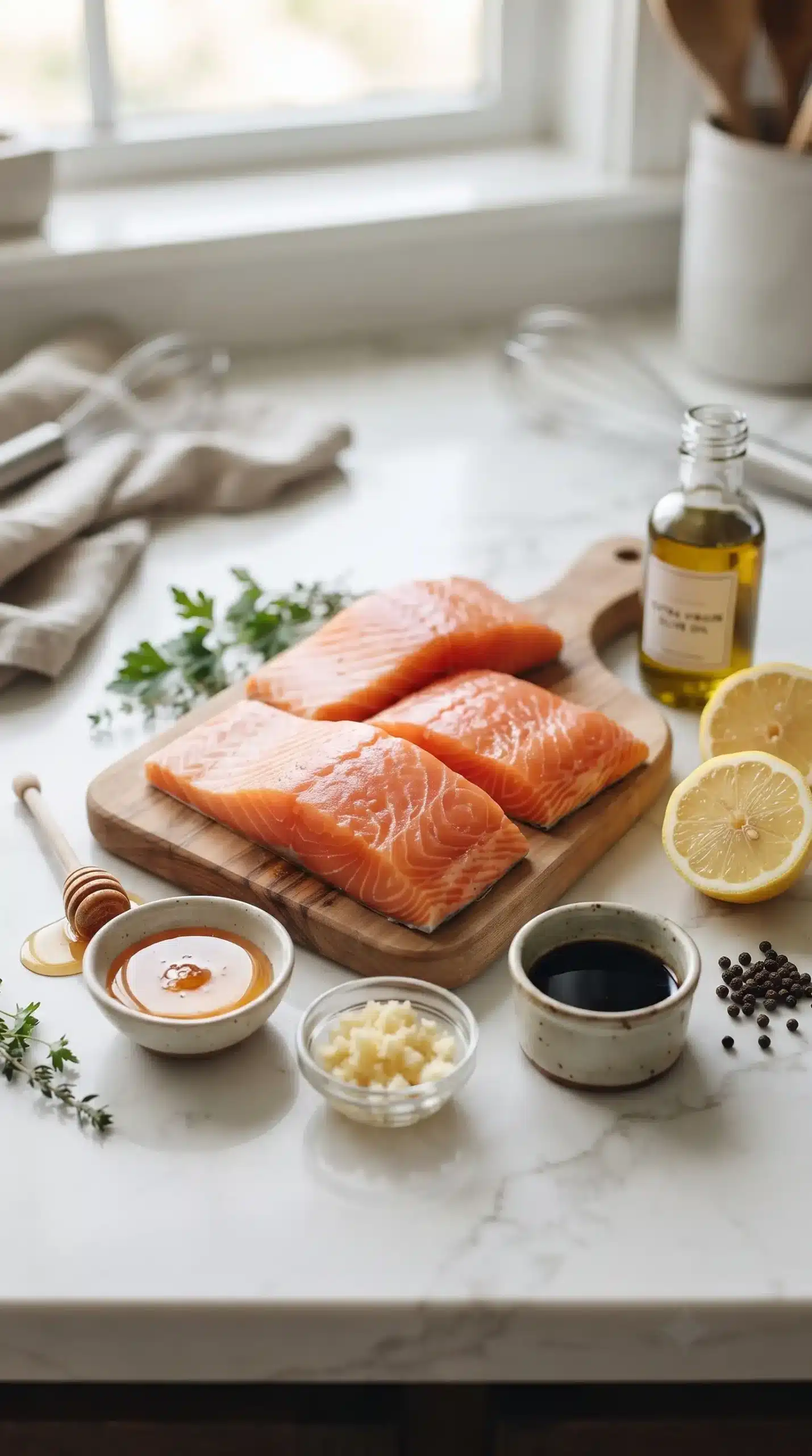 Raw salmon fillets with honey, garlic, soy sauce, lemon, and seasonings