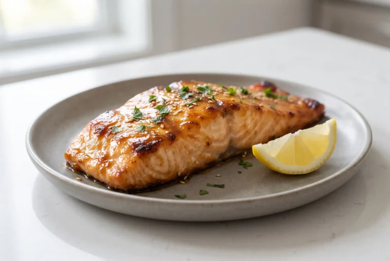 Honey garlic salmon fillet with glossy glaze, lemon wedge, and herbs on a plate
