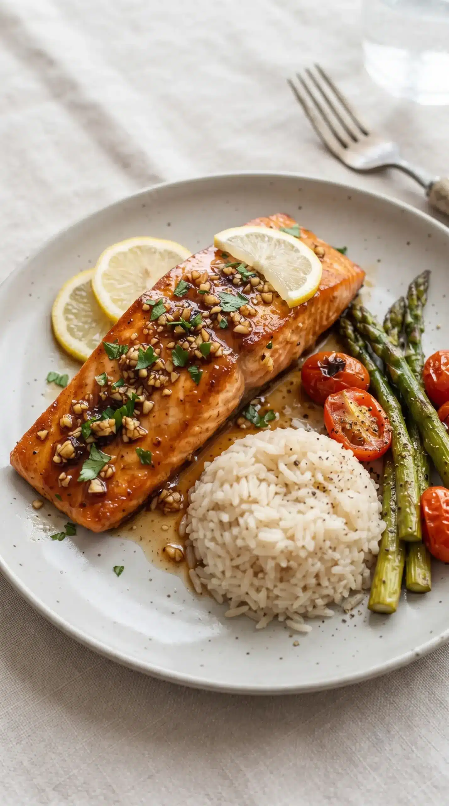 Glazed honey garlic salmon served with rice, vegetables, and lemon