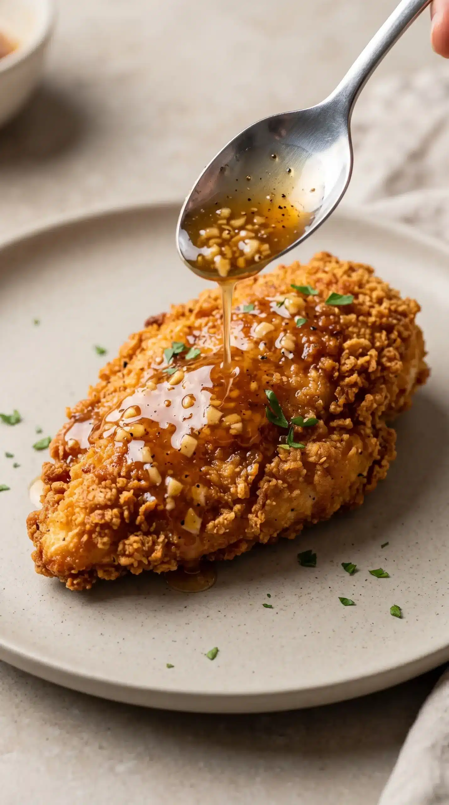 Crispy chicken breast topped with honey garlic sauce being drizzled before serving