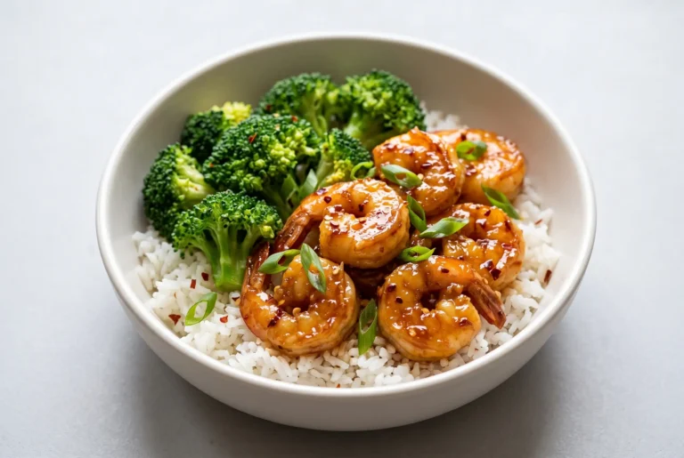 Honey garlic shrimp bowls with rice, broccoli, and green onions in a serving bowl
