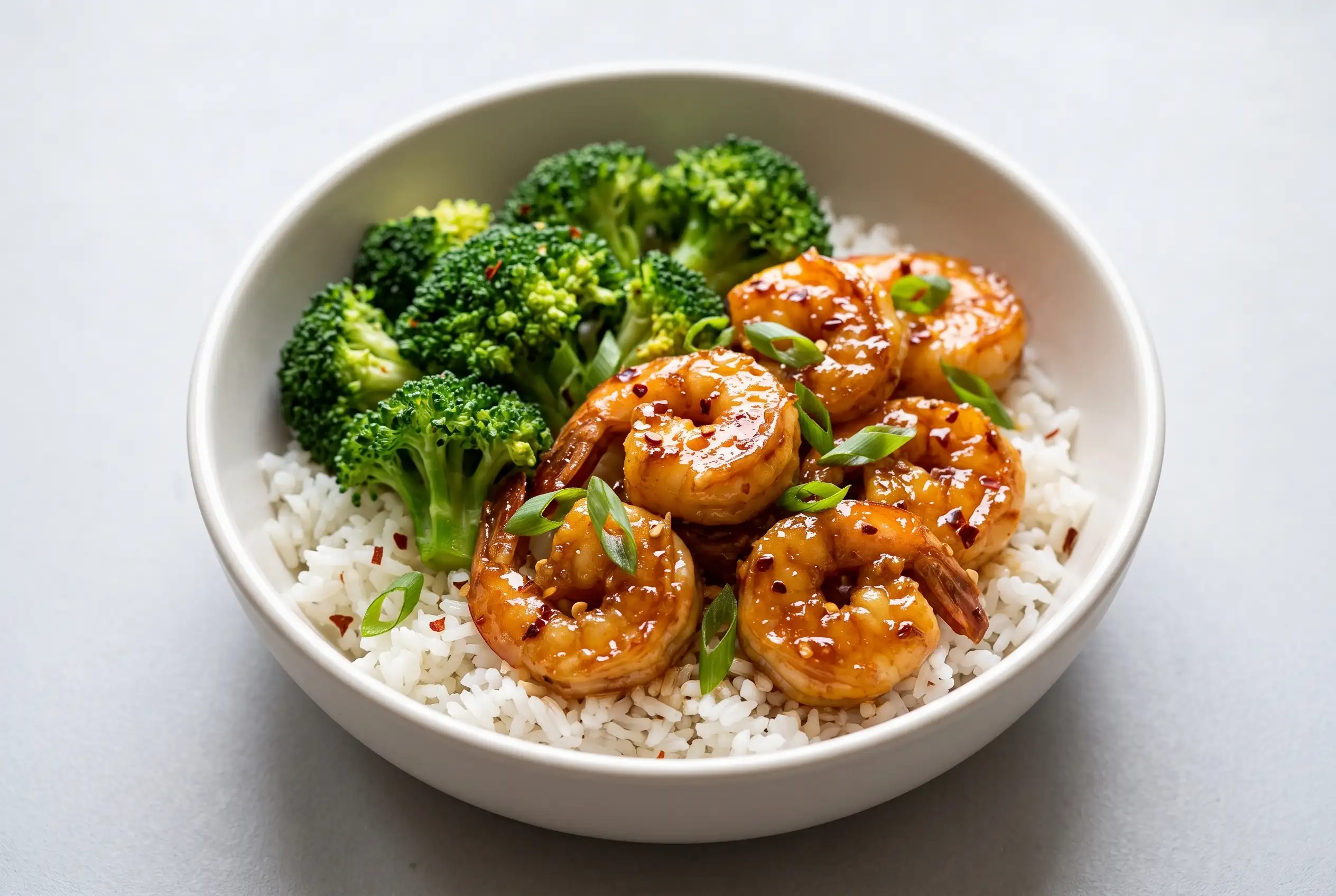 Honey garlic shrimp bowls with rice, broccoli, and green onions in a serving bowl