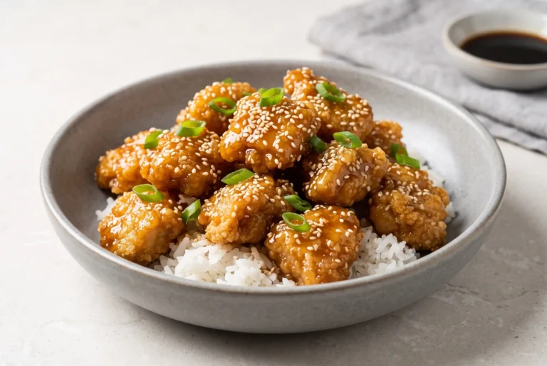 Honey sesame chicken with crispy coated pieces, glossy glaze, sesame seeds, and green onions
