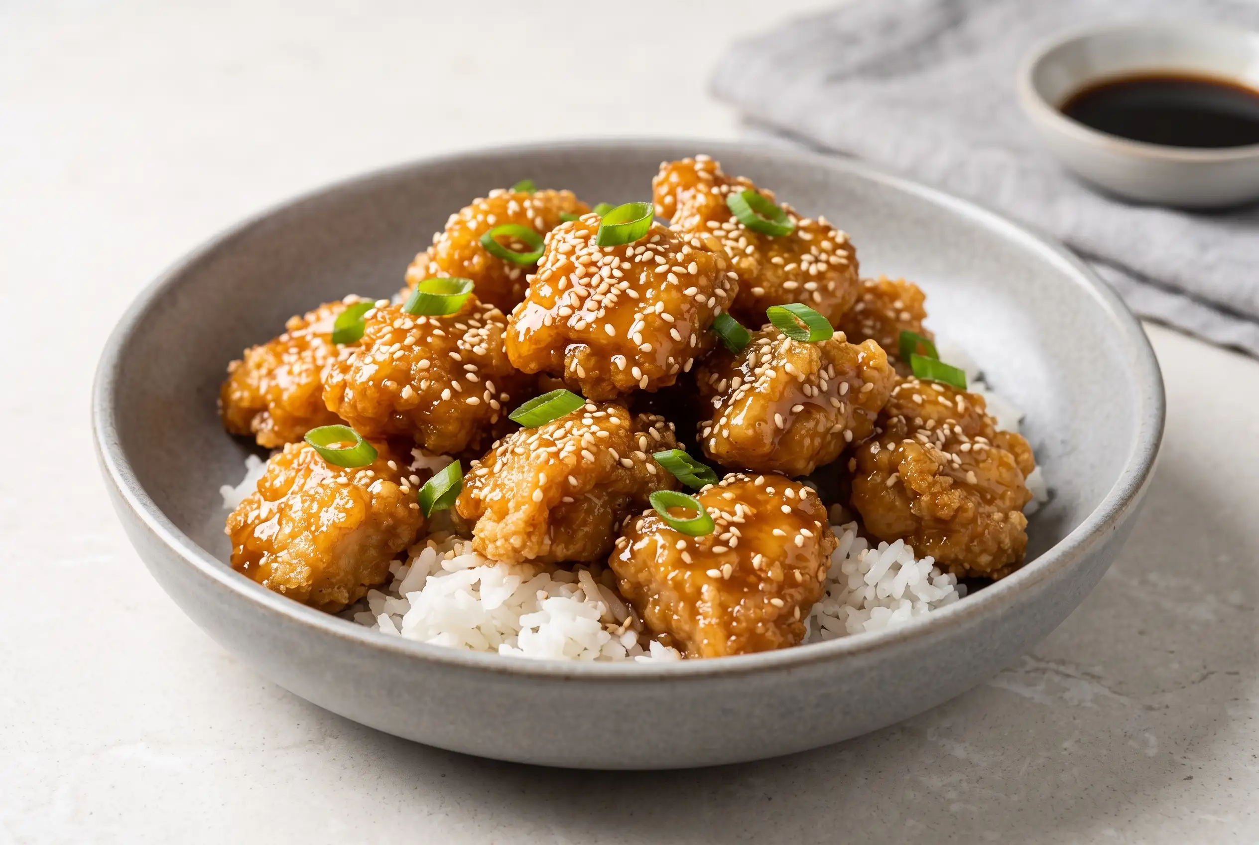 Honey sesame chicken with crispy coated pieces, glossy glaze, sesame seeds, and green onions