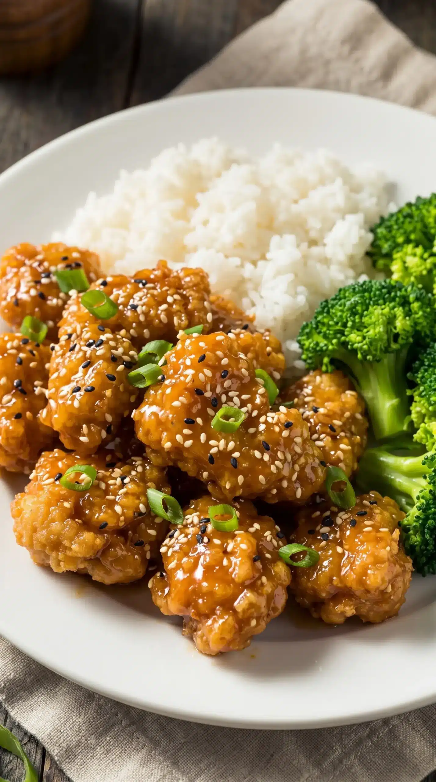 Honey sesame chicken served with jasmine rice and broccoli on a plate