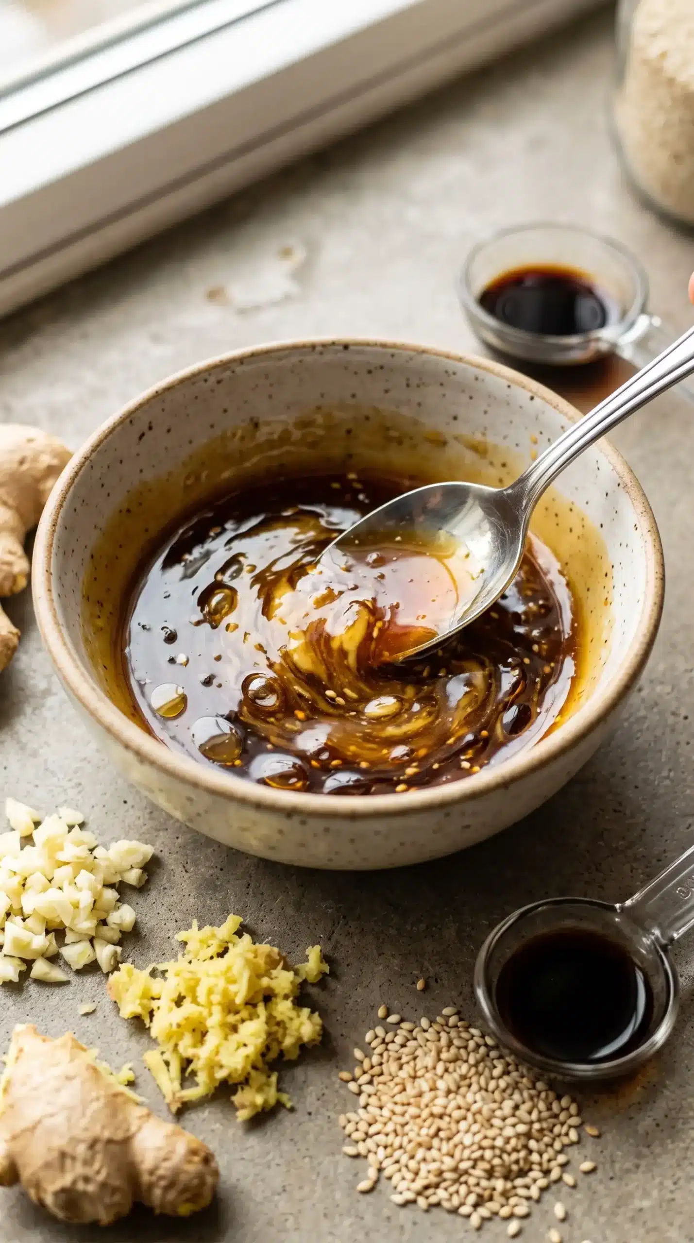 Honey sesame chicken sauce ingredients mixed in a bowl with honey, soy sauce, garlic, and ginger