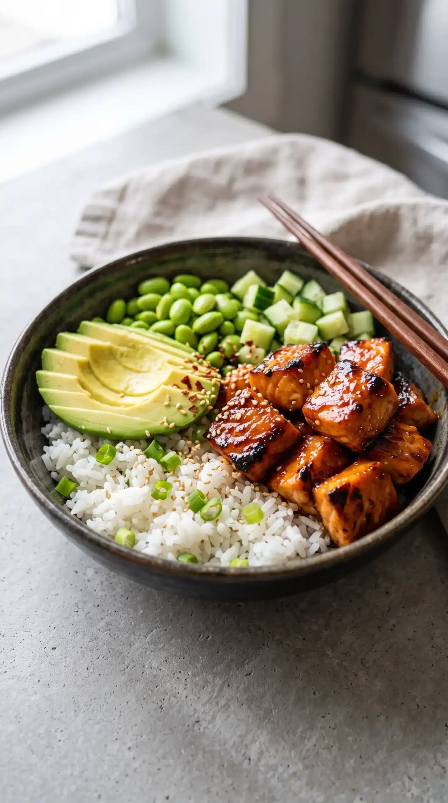 Finished salmon bowl with glazed salmon, rice, avocado, cucumber, and edamame