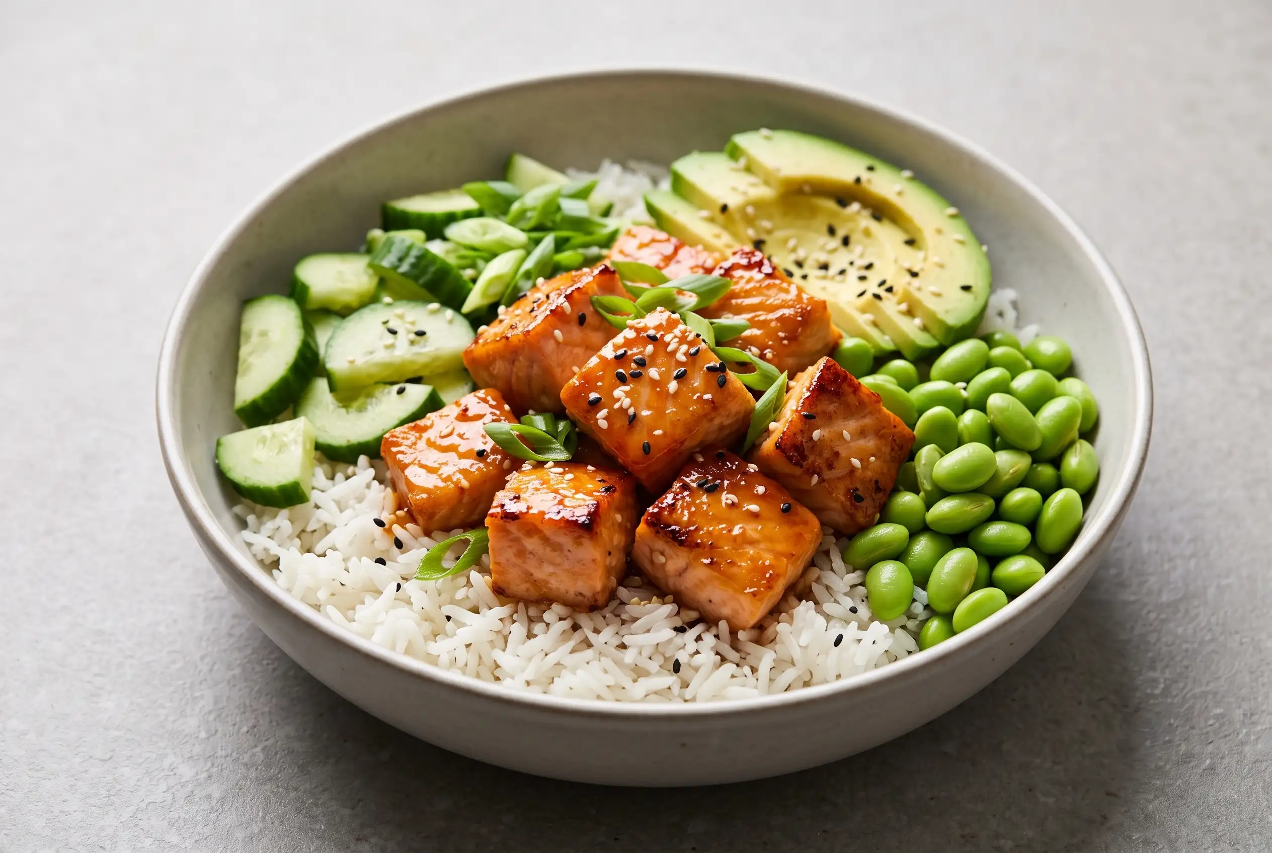 Honey Sriracha Salmon Bowl with rice, glazed salmon, avocado, cucumber, and edamame toppings