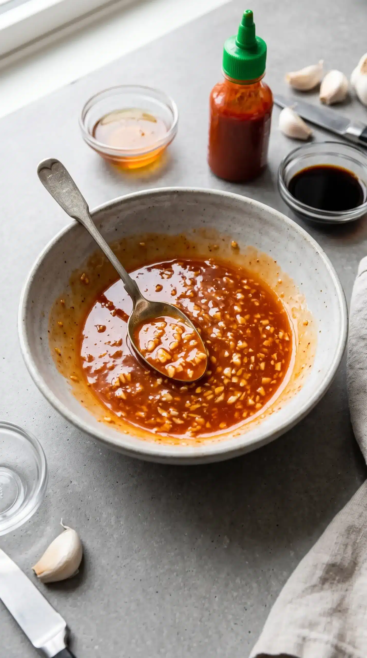 Bowl of honey sriracha glaze with garlic pieces and a spoon for salmon preparation