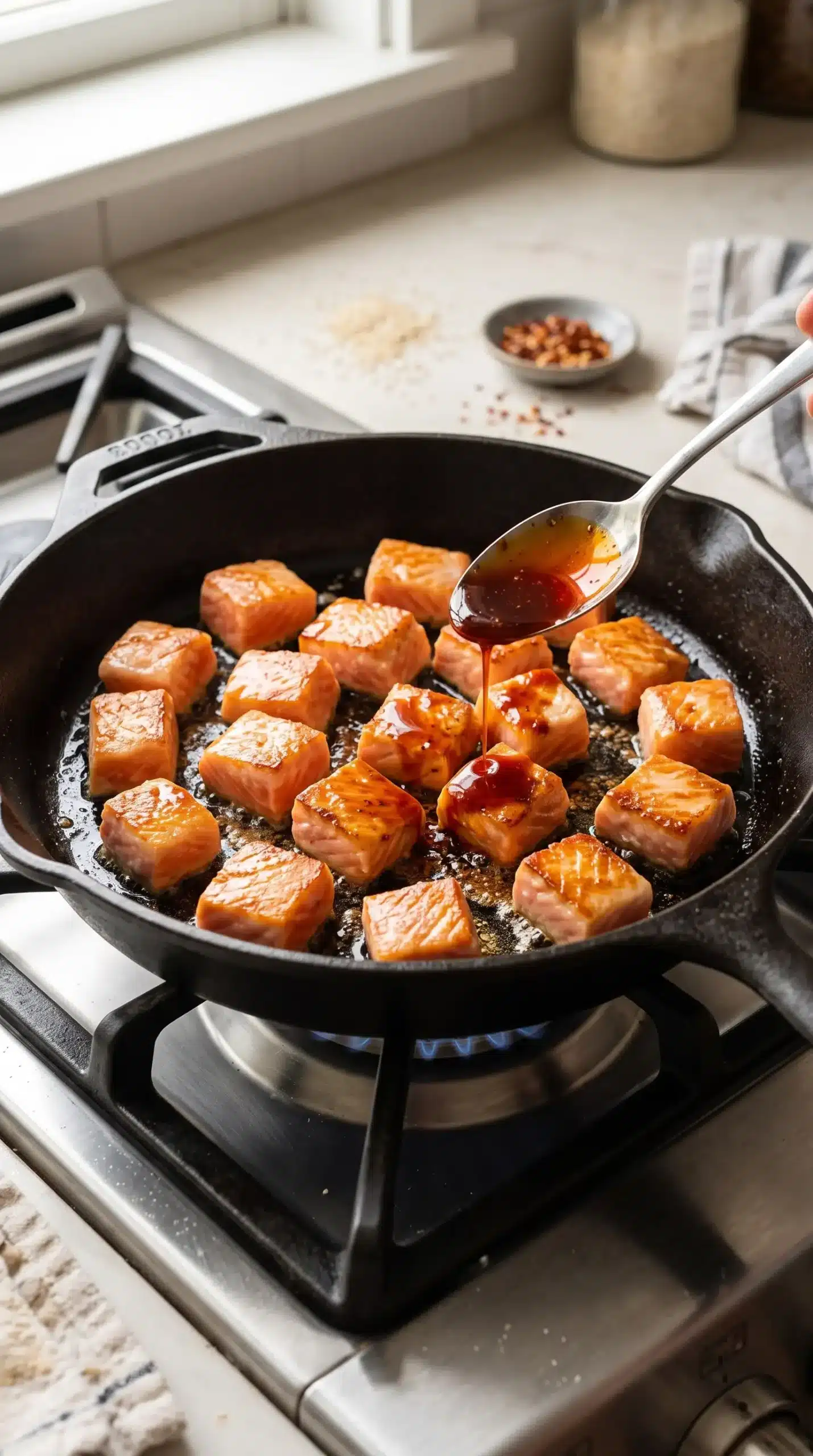 Salmon cubes searing in a skillet with honey sriracha glaze added during cooking