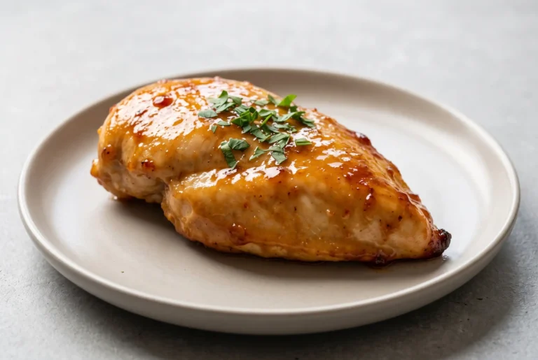 Hot honey baked chicken breast with glossy honey garlic glaze and caramelized edges