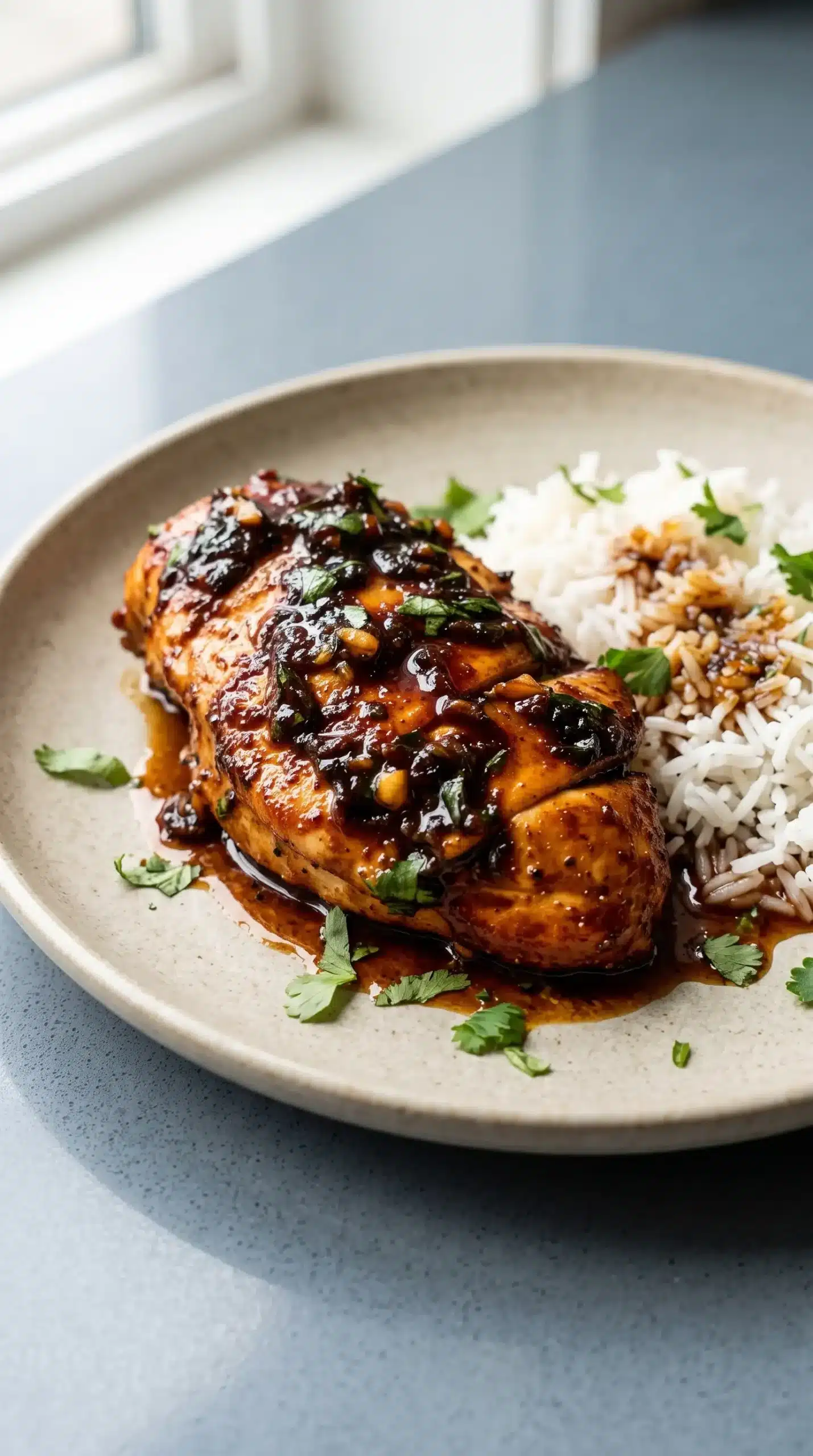Hot honey baked chicken served with rice and honey garlic glaze