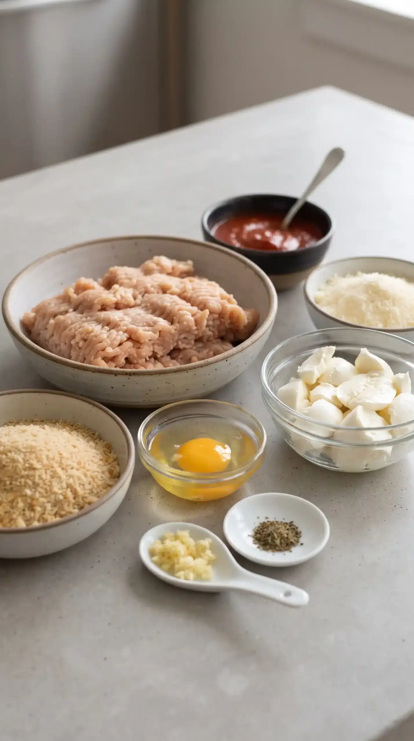 Ingredients for Italian chicken meatloaf including ground chicken, mozzarella, Parmesan, and marinara