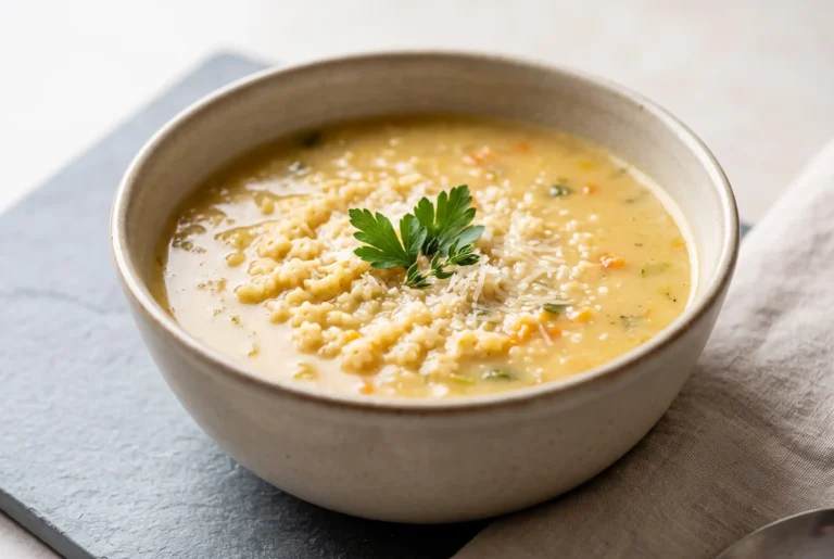 Italian pastina soup with tiny pasta, silky broth, Parmesan cheese, and herbs in a bowl