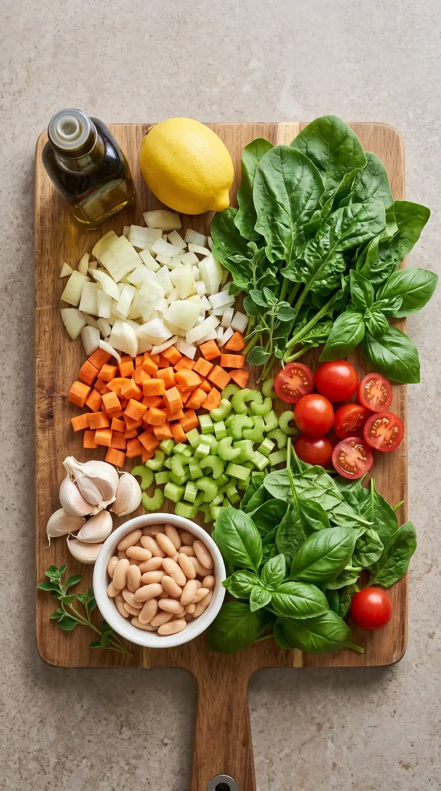 Ingredients for Italian Penicillin Soup with beans, spinach, vegetables, lemon, and herbs