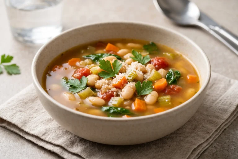 Italian Penicillin Soup with beans, spinach, vegetables, and Parmesan in a ceramic bowl