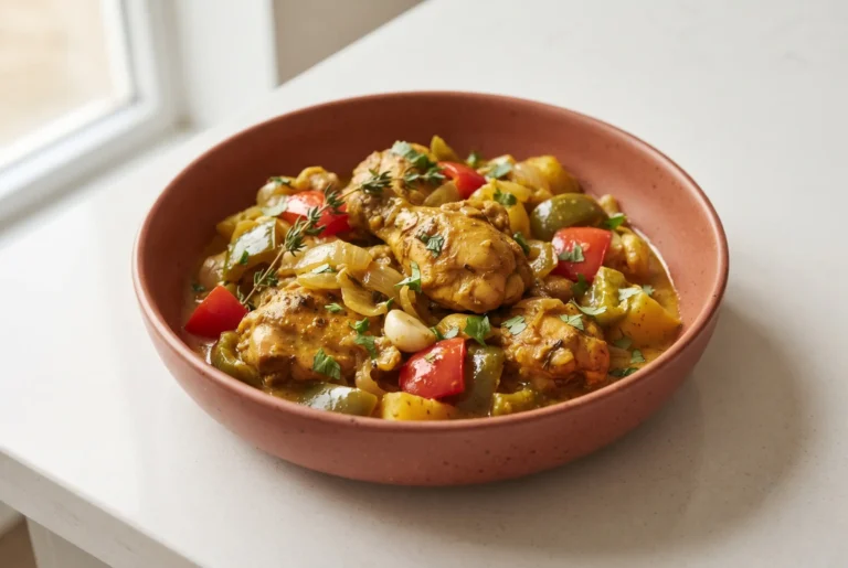 Jamaican curry chicken with coconut milk and peppers in a bowl with rich golden curry sauce