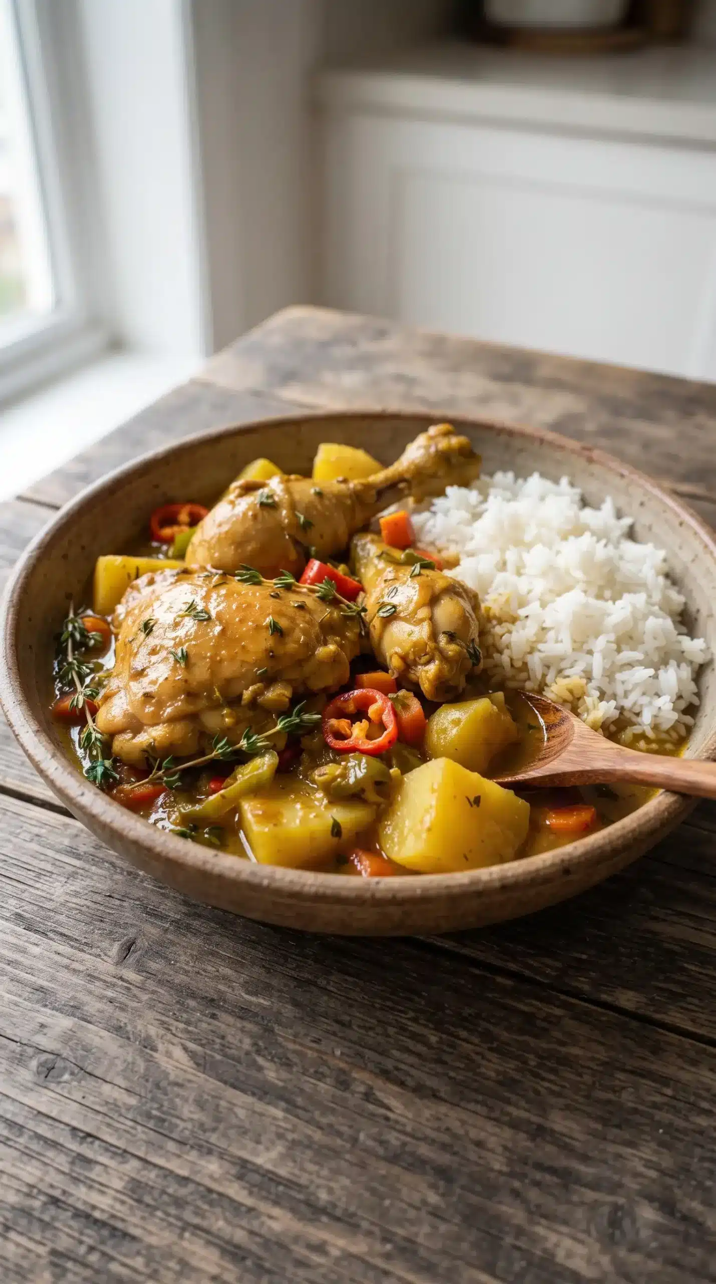 Jamaican curry chicken with coconut curry sauce served with white rice