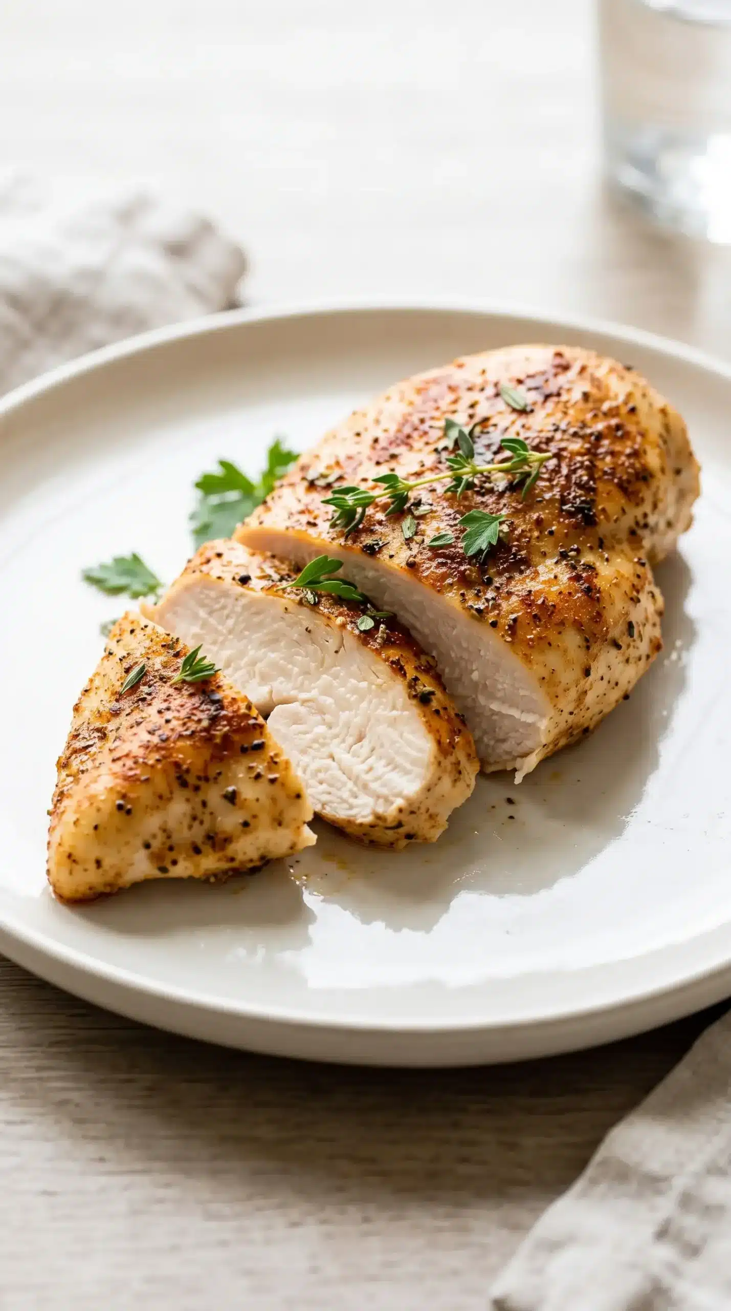 Sliced baked chicken breast showing a moist tender center and golden crust