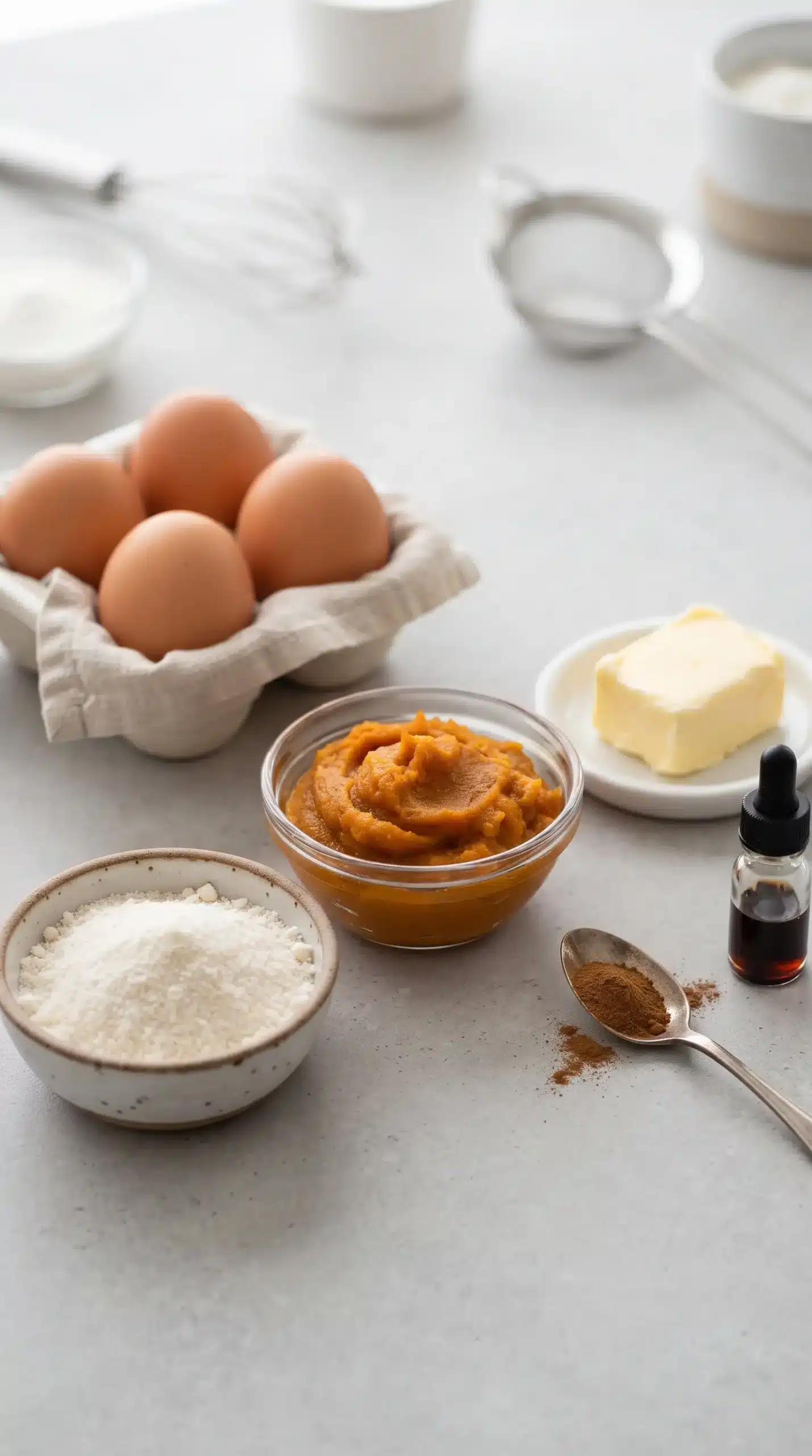 Coconut flour, pumpkin puree, eggs, butter, cinnamon, and vanilla prepared for muffin baking