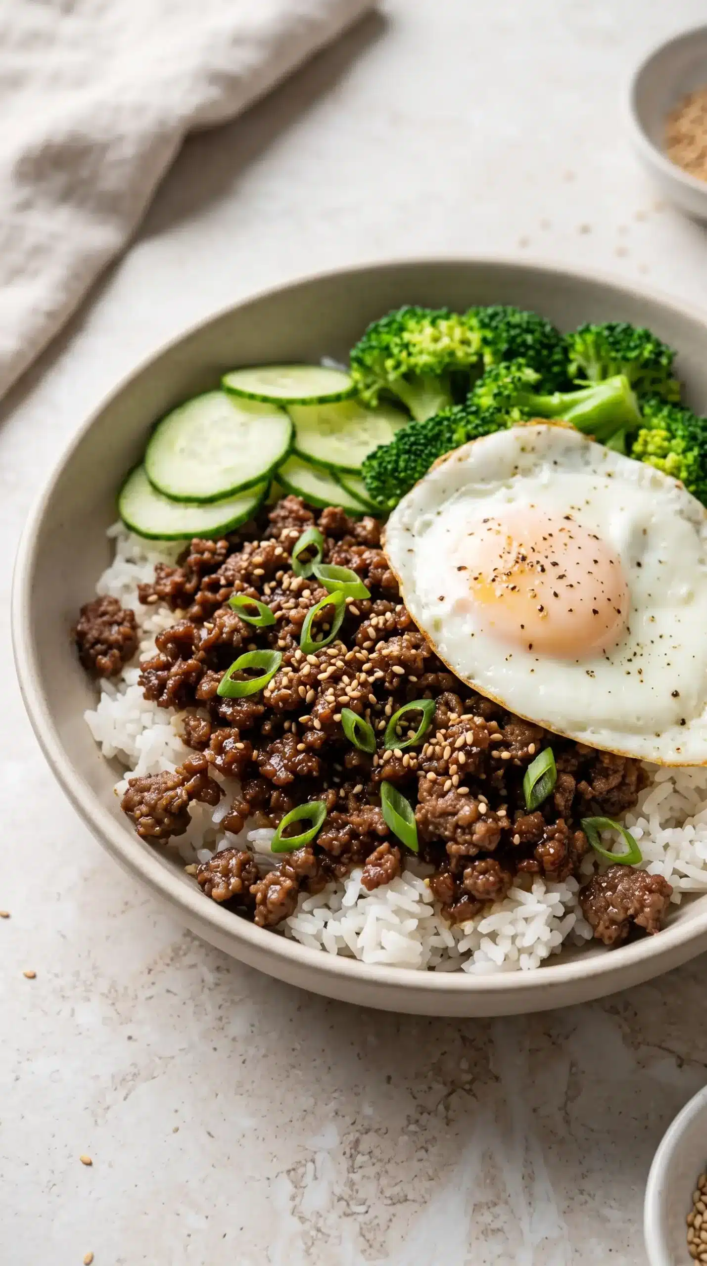 Korean beef rice bowl with glossy garlic beef, rice, vegetables, sesame seeds, and fried egg