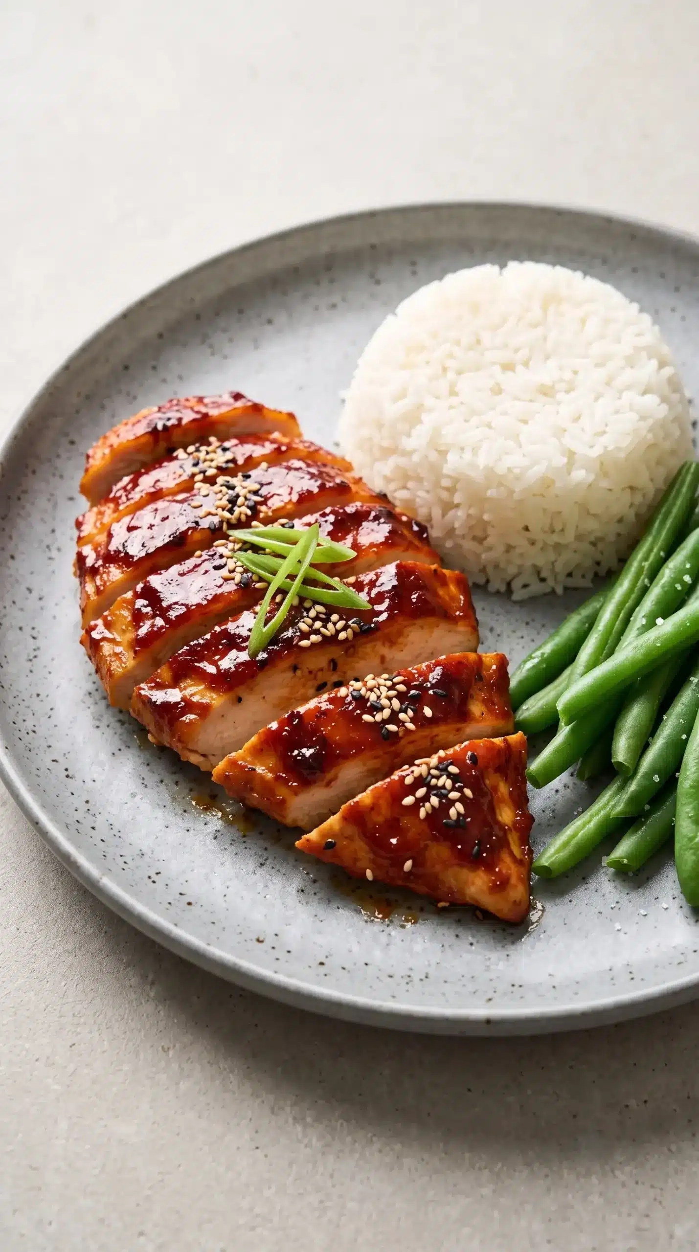 Korean chicken breasts with gochujang glaze served with rice and vegetables