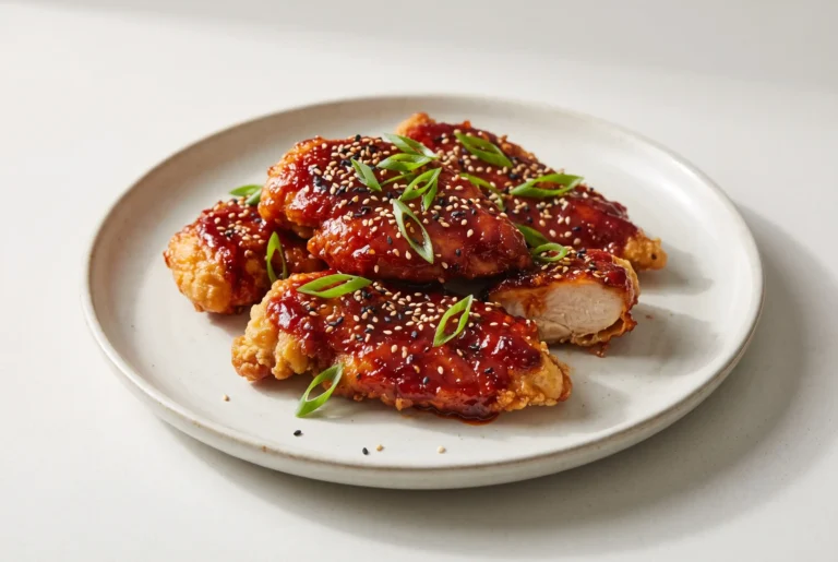 Korean chicken breasts with glossy gochujang sauce, sesame seeds, and green onions on a plate