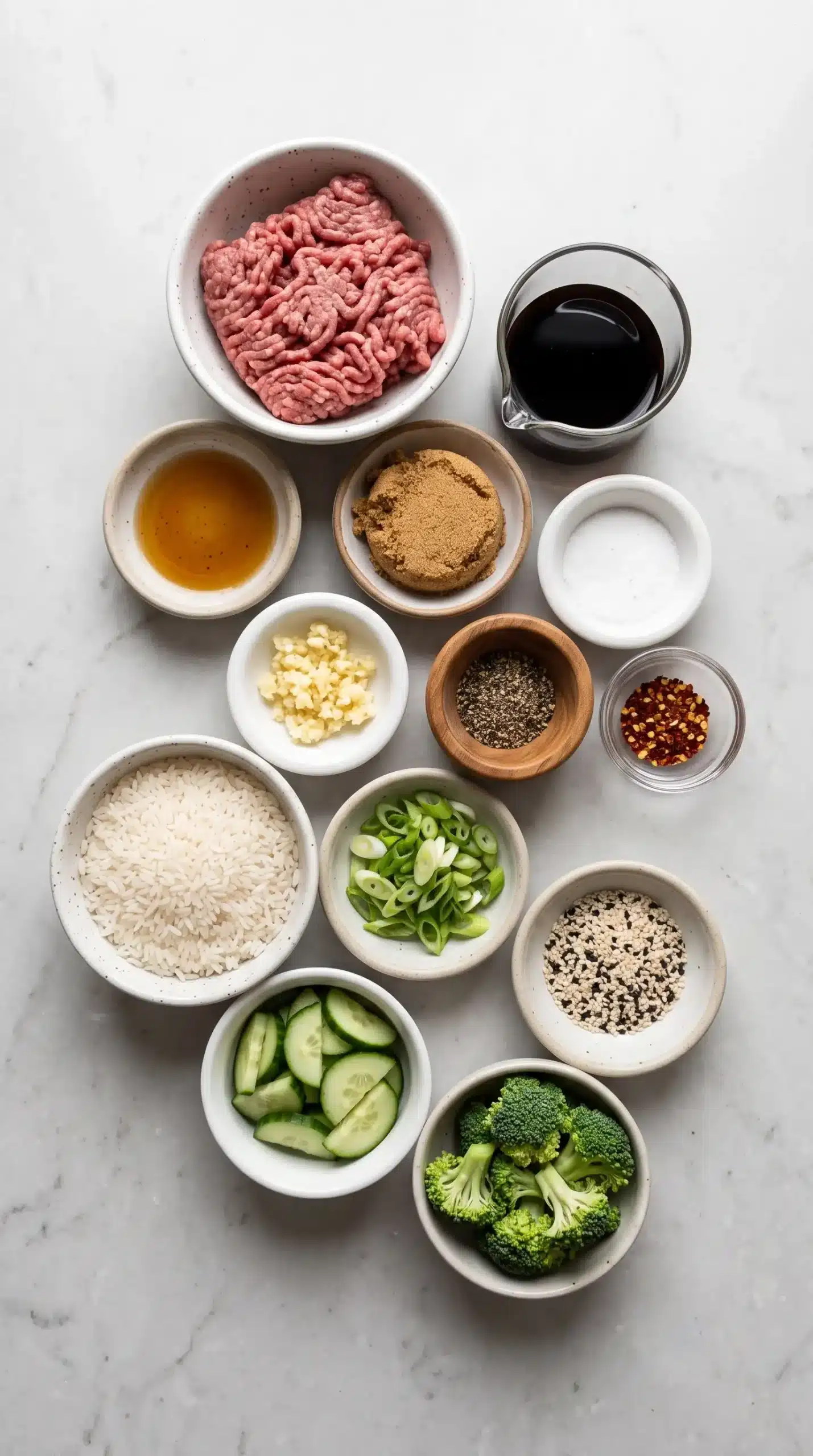 Ingredients for Korean ground beef bowls with beef, rice, garlic, soy sauce, sesame oil, and vegetables