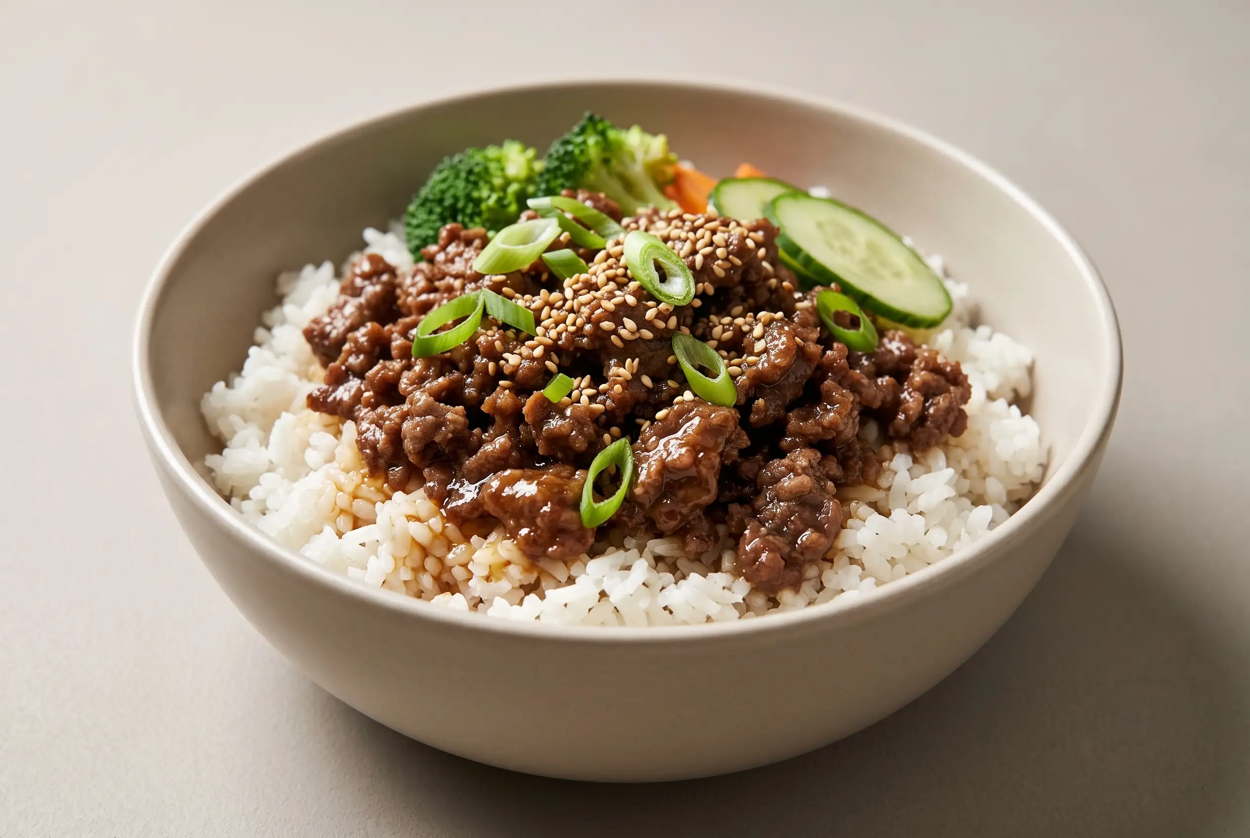 Korean ground beef bowl with garlic sesame beef, rice, green onions, sesame seeds, and vegetables
