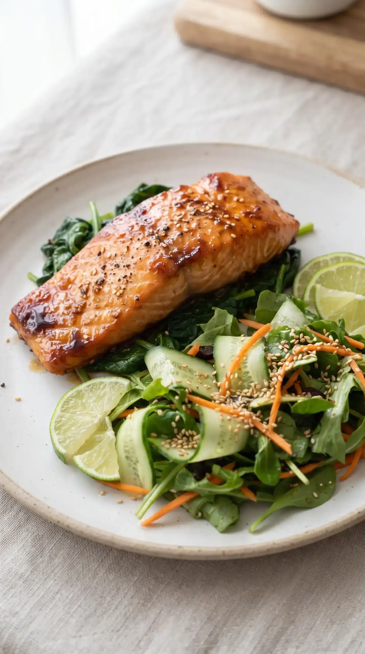 Lacquered salmon with glossy glaze served beside a fresh crunchy vegetable salad