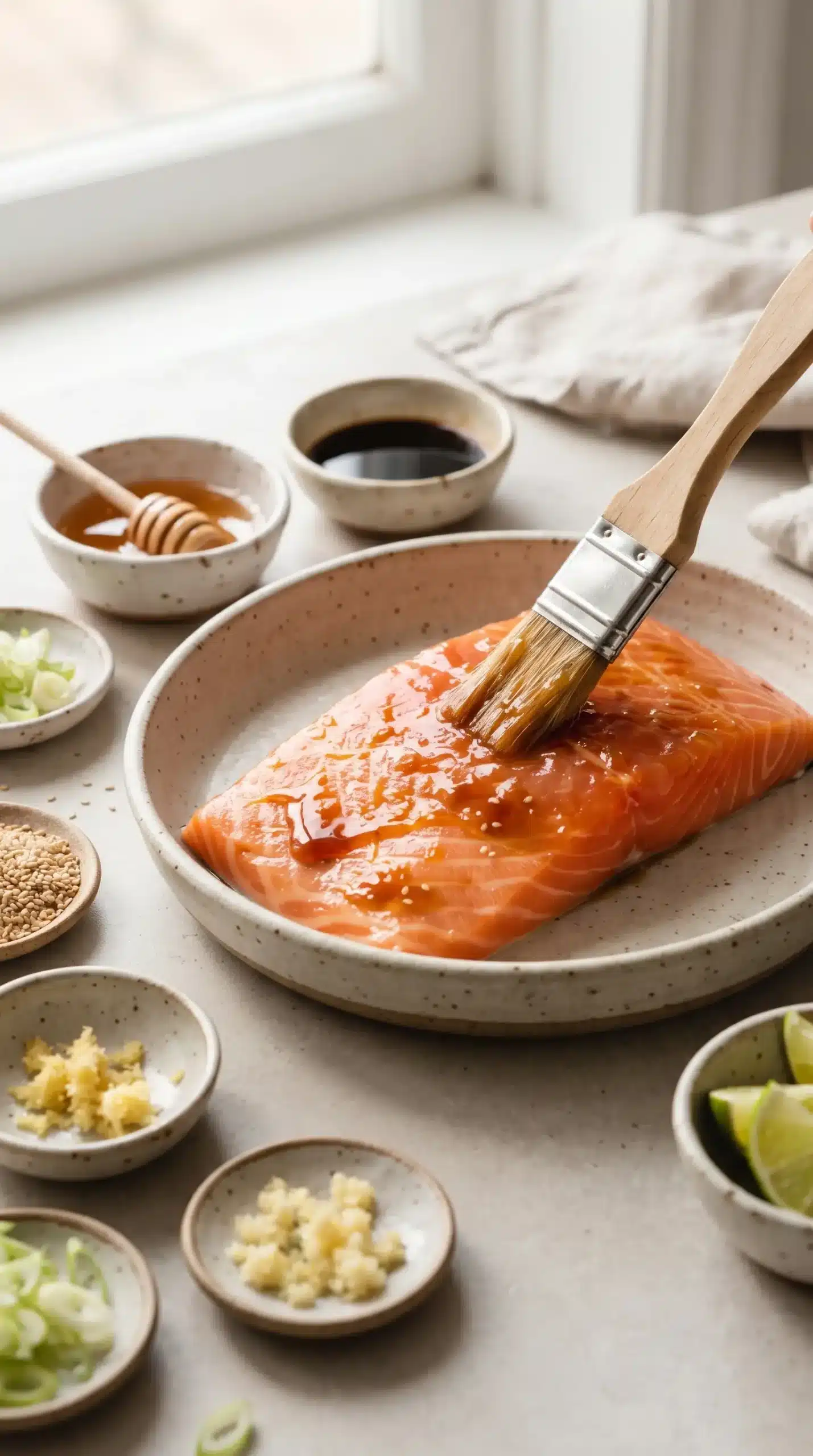 Salmon fillet coated with honey-soy glaze alongside ginger, garlic, soy sauce, and lime