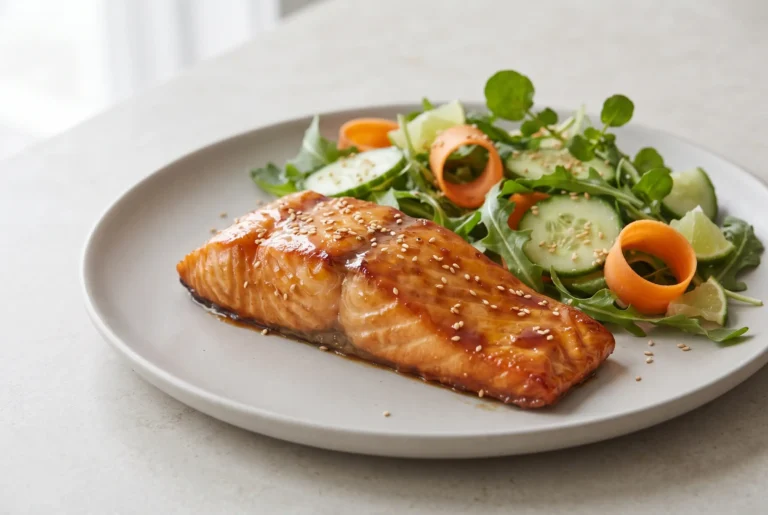 Lacquered salmon fillet with glossy honey-soy glaze served with crunchy cucumber and carrot salad