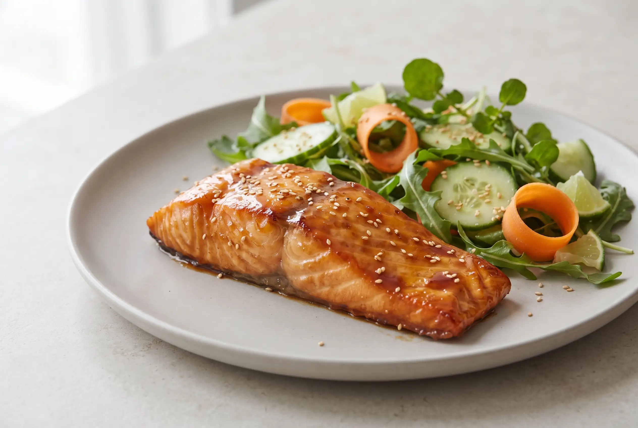 Lacquered salmon fillet with glossy honey-soy glaze served with crunchy cucumber and carrot salad