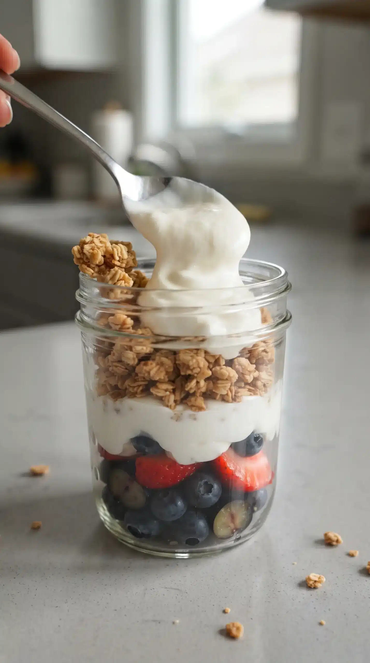 Layering Greek yogurt and berries in a glass jar to make a protein yogurt parfait