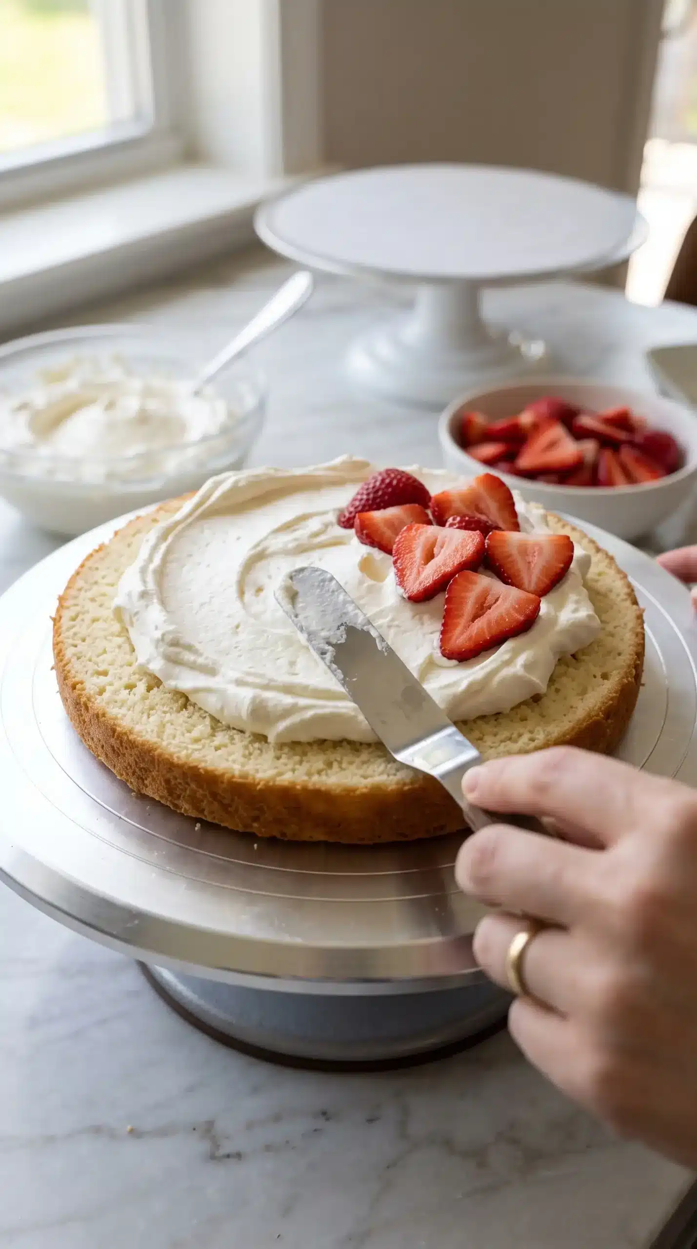 Layer of vanilla cake spread with whipped cream and topped with sliced strawberries