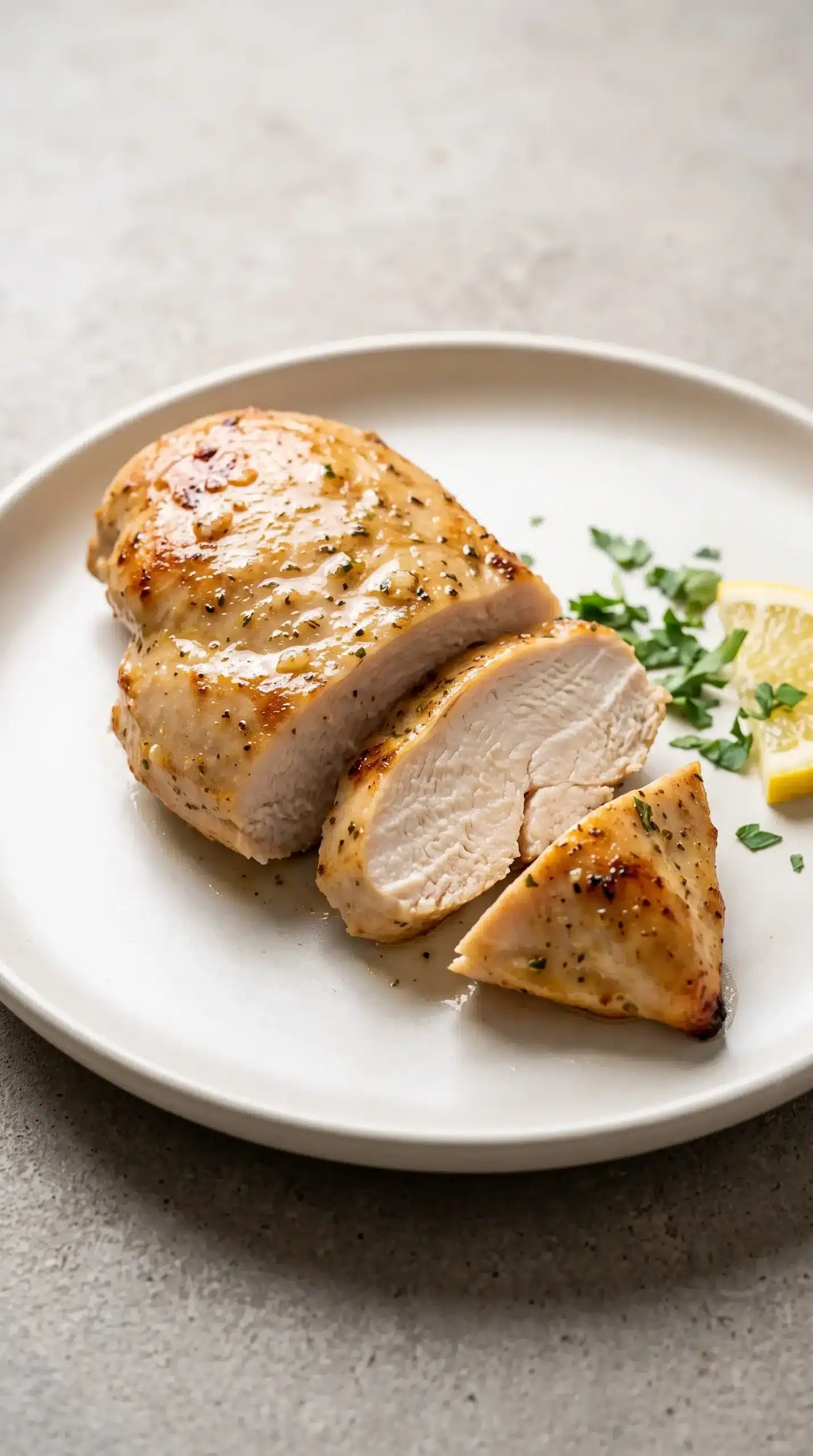 Sliced lemon garlic boneless chicken breast served on a plate with herbs and lemon wedge